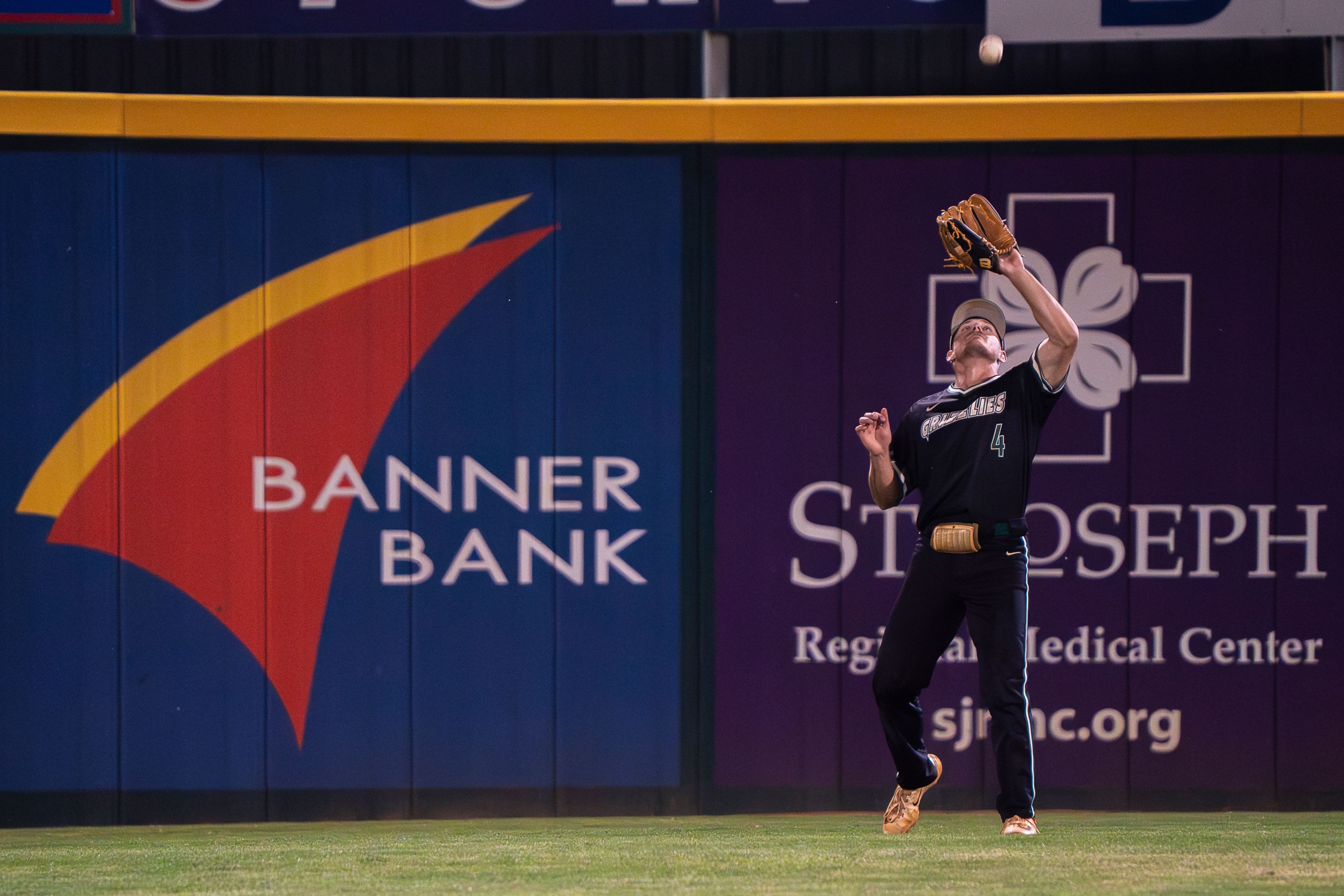 Georgia Gwinnett’s Blaze O'Saben catches a fly ball during Game 12 of the NAIA World Series against Tennessee Wesleyan on Monday at Harris Field in Lewiston.