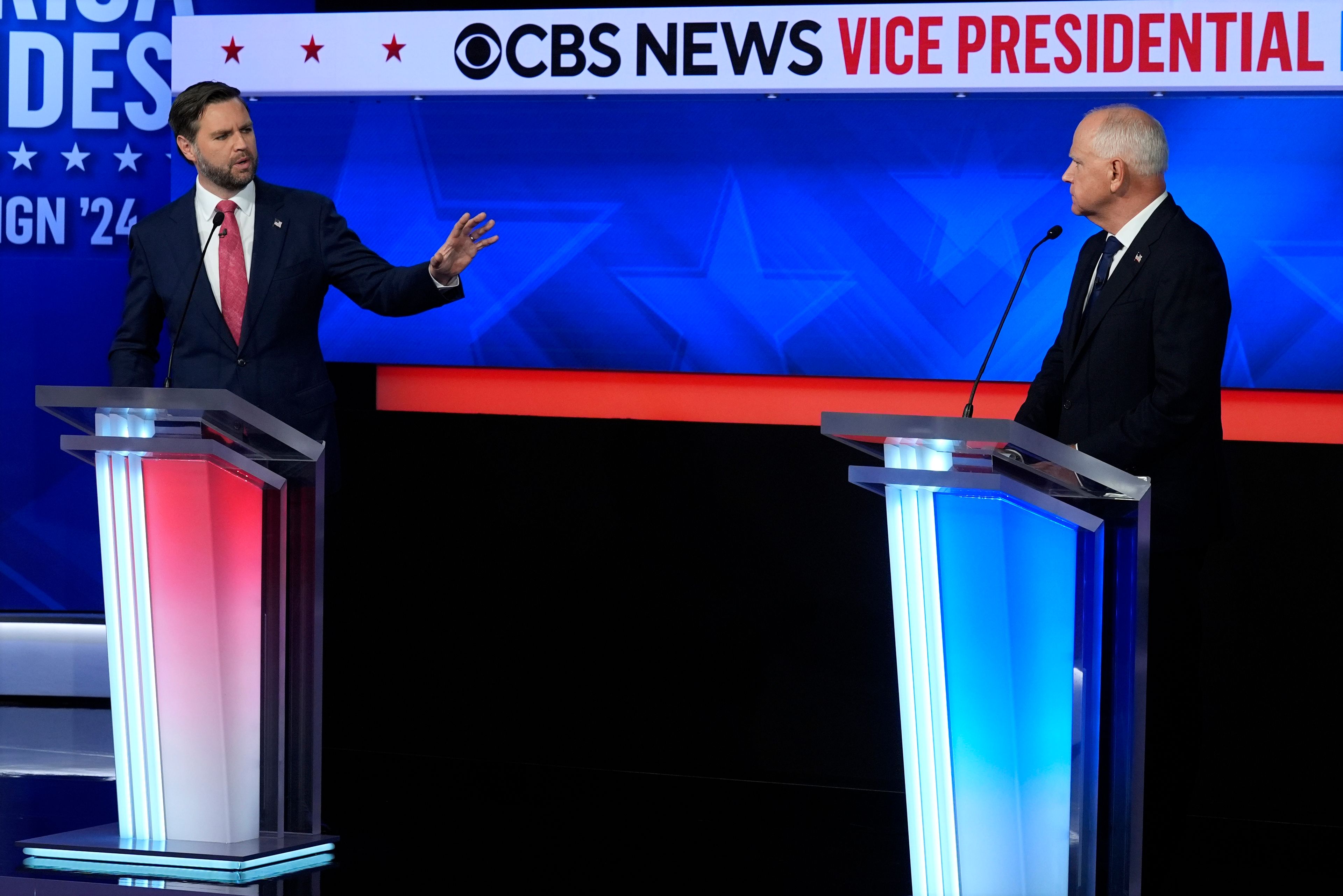 Republican vice presidential nominee Sen. JD Vance, R-Ohio, speaks during a vice presidential debate hosted by CBS News, with Democratic vice presidential candidate Minnesota Gov. Tim Walz, Tuesday, Oct. 1, 2024, in New York. (AP Photo/Matt Rourke)