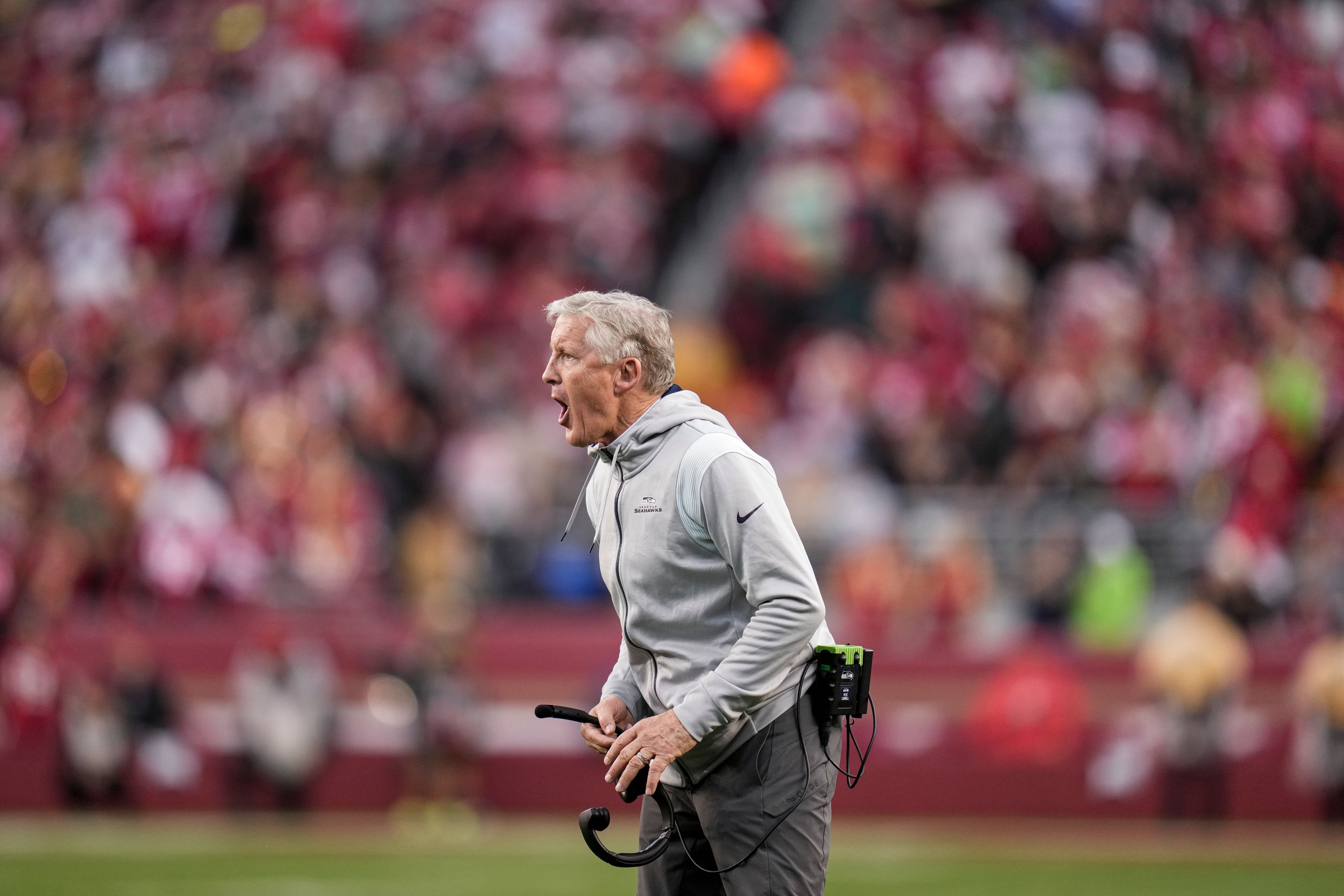 Seattle Seahawks head coach Pete Carroll reacts during the second half of an NFL wild card playoff football game against the San Francisco 49ers in Santa Clara, Calif., Saturday, Jan. 14, 2023. (AP Photo/Godofredo A. Vásquez)