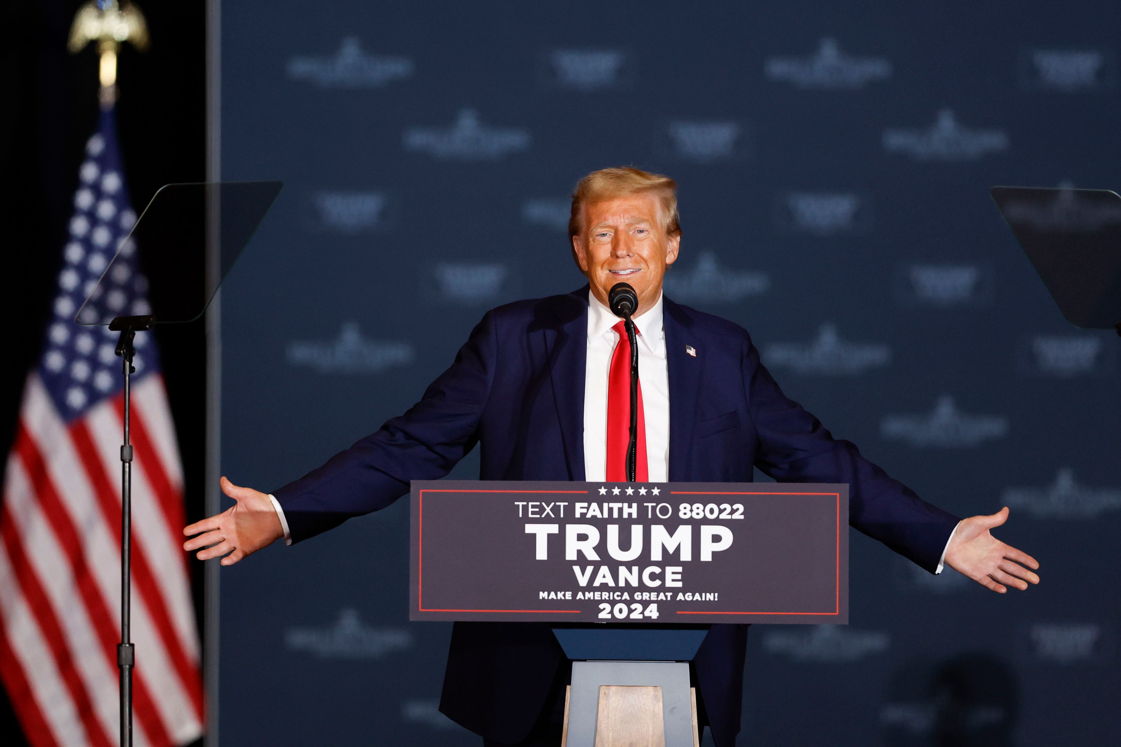 Republican presidential nominee former President Donald Trump speaks at a campaign rally in Concord, N.C., Monday, Oct. 21, 2024. (AP Photo/Nell Redmond)