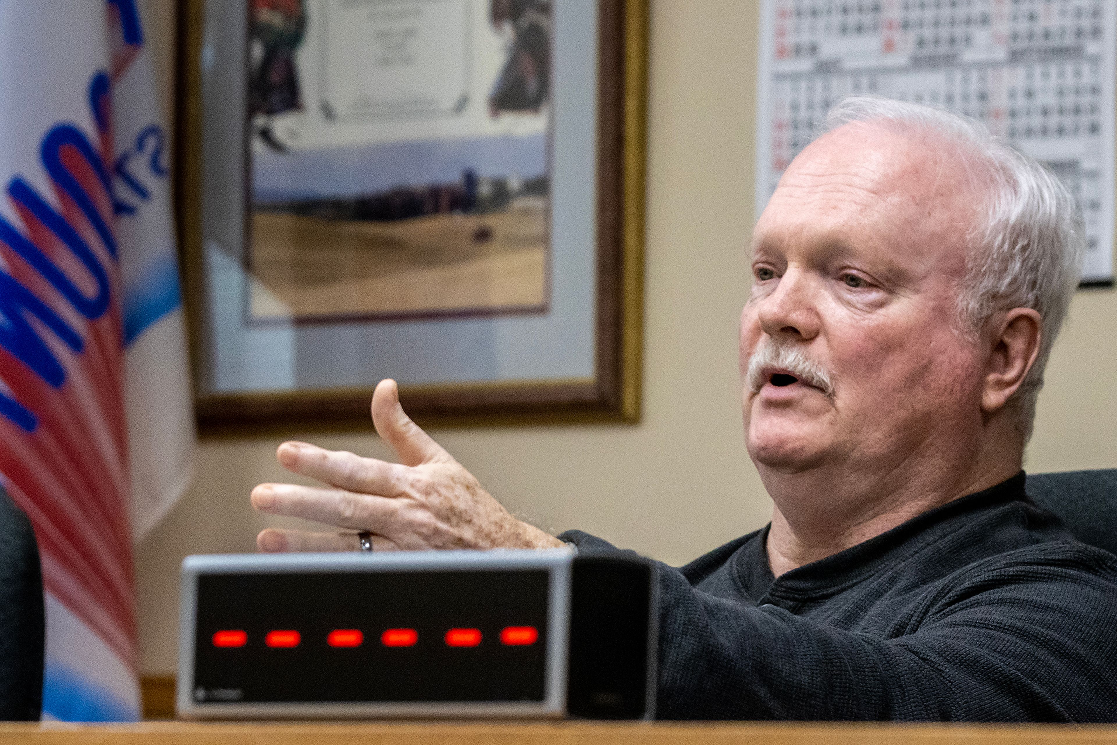 Asotin County Commissioner Brian Shinn addresses concerns about the county’s funding of the Asotin County Family Aquatics Center Monday in Asotin.