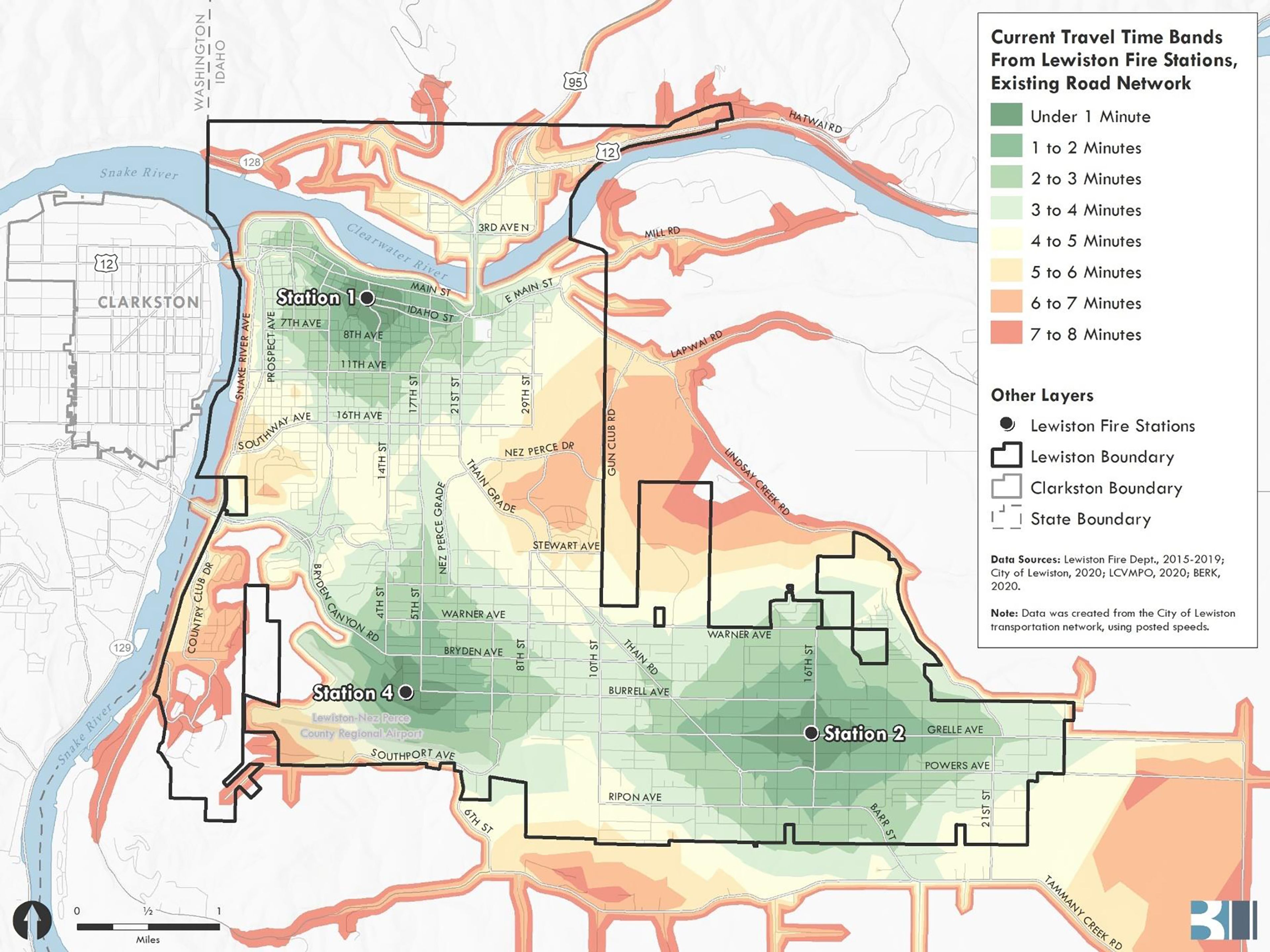 This graphic provided by the Lewiston Fire Department shows how long it typically takes Lewiston fire crews to reach various locations in Lewiston.