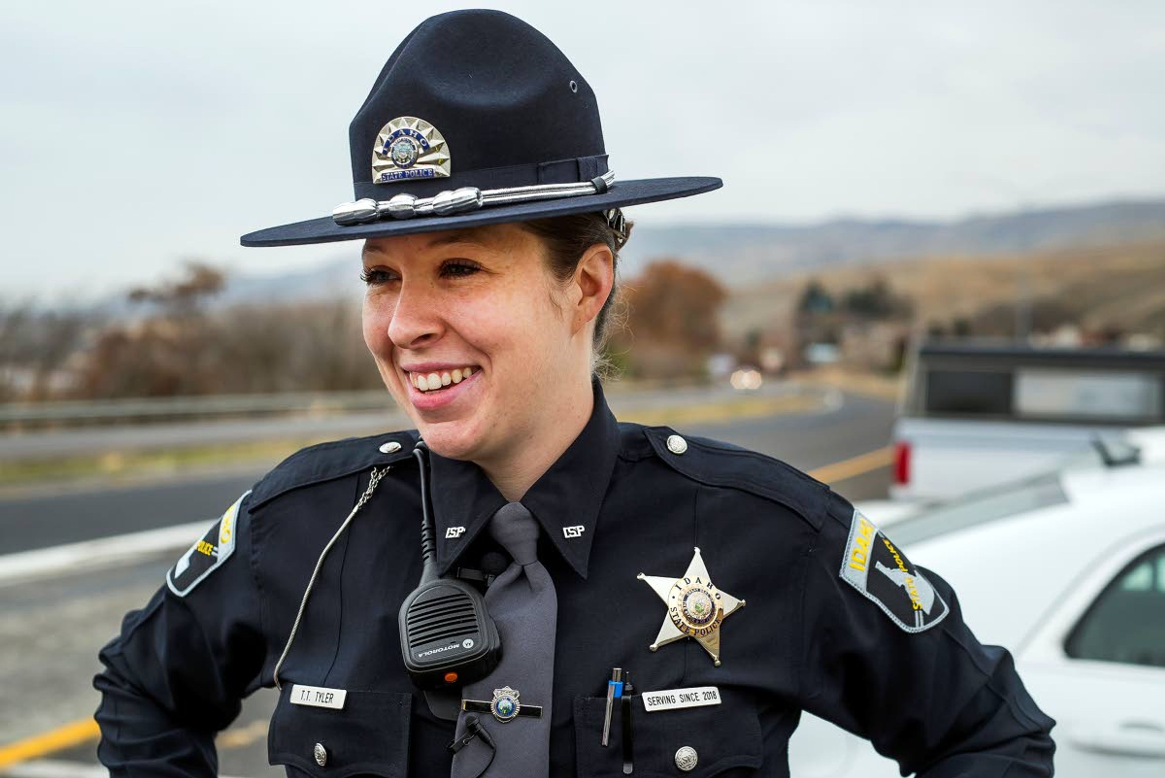 Idaho State Police trooper Tauna Tyler speaks to media about the Move Over law expansion at the Lewiston Port of Entry on U.S. Highway 95/12 on Tuesday in Lewiston.