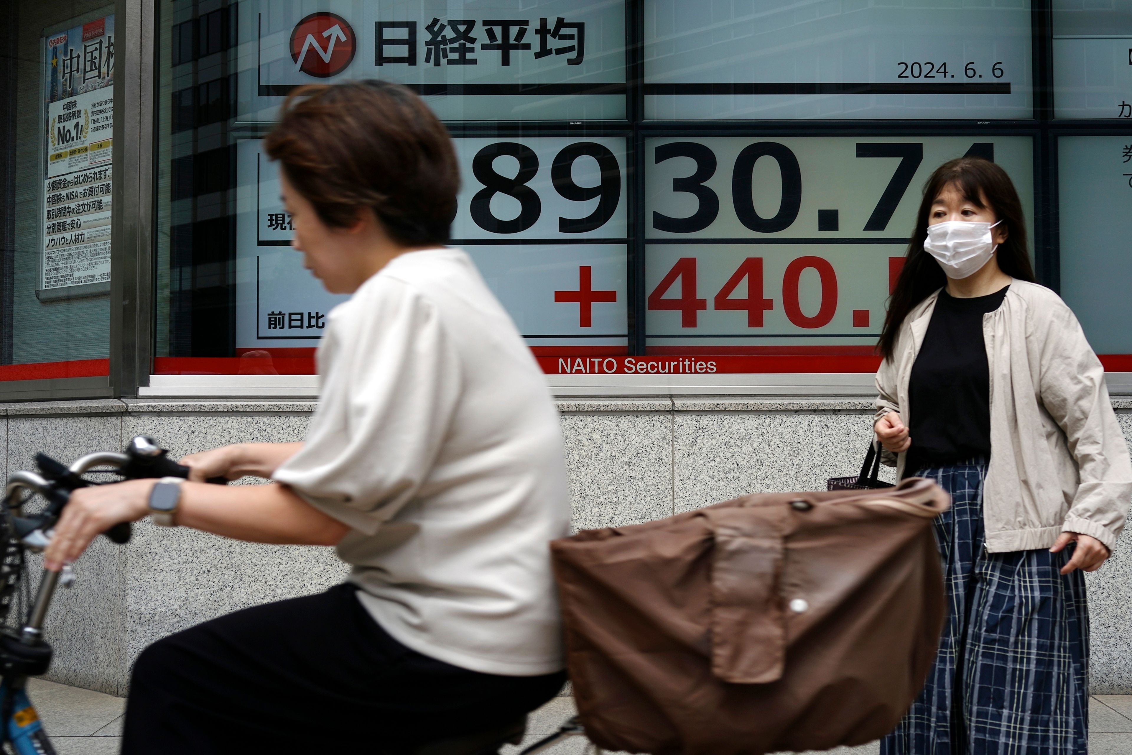 People pass by an electronic stock board showing Japan's Nikkei 225 index at a securities firm Thursday, June 6, 2024, in Tokyo.