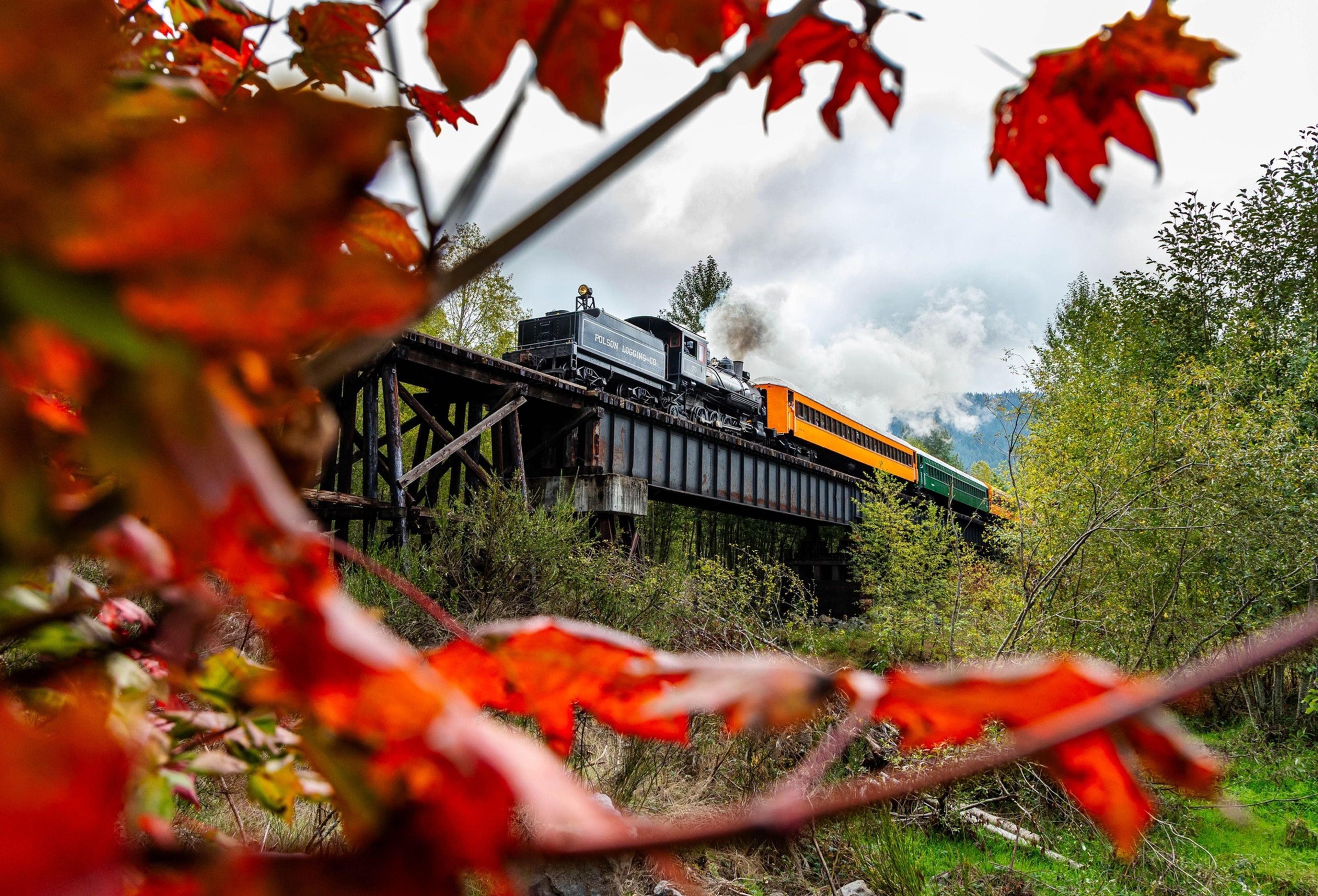 Leaf peeping season is a popular time to take a ride on a restored steam locomotive operated by Mt. Rainier Scenic Railroad, which runs 12-mile round trips from Elbe in Pierce County to Mineral in Lewis County, Wash. 