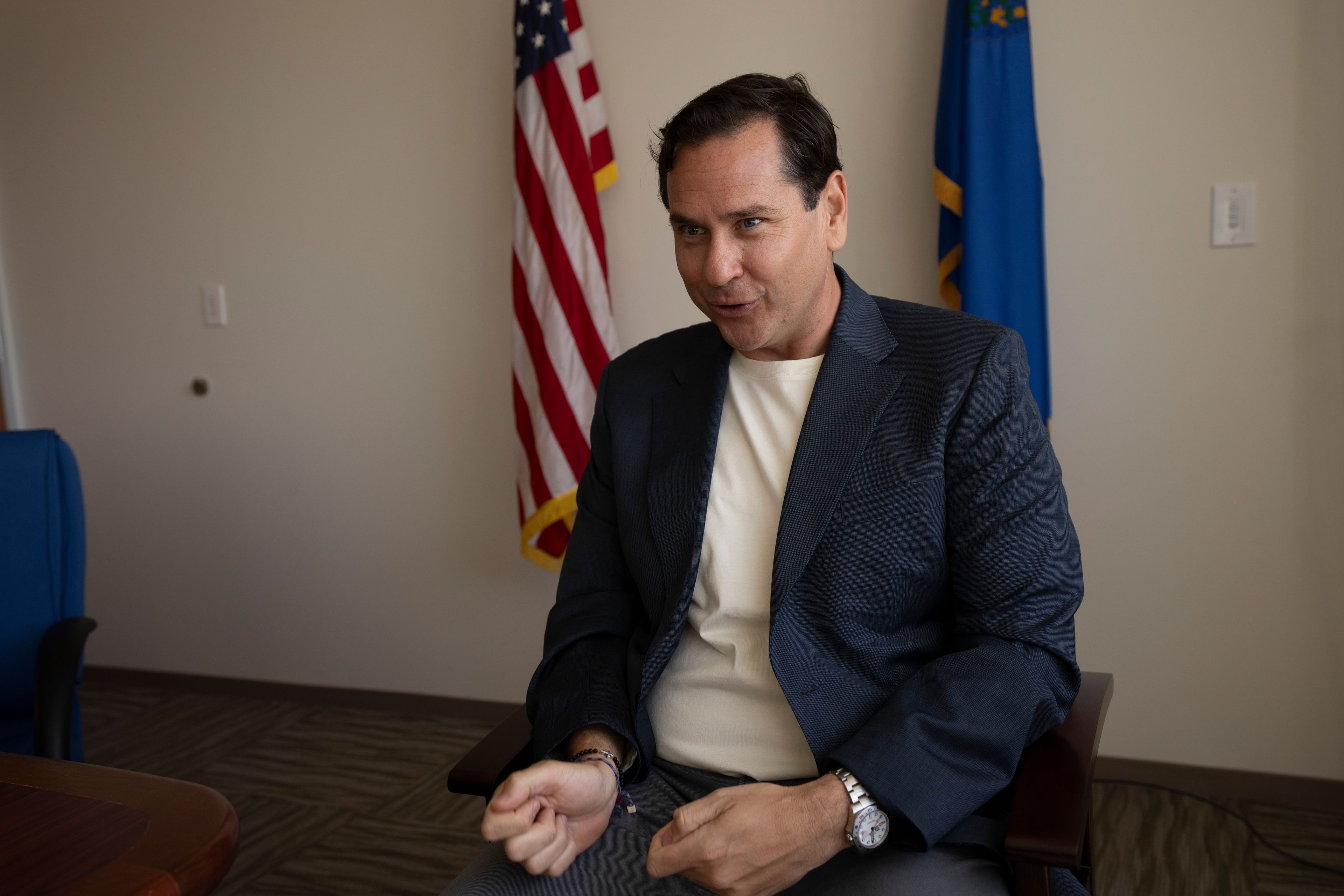 Nevada Secretary of State Cisco Aguilar speaks during an interview with The Associated Press in Las Vegas, Thursday, May 16, 2024. The use of electronic balloting has been quietly expanding in recent years to cover the disabled and, in Nevada this year, Native American tribes. Election security experts are warning of the risk that ballots submitted on a computer can be digitally intercepted or manipulated.