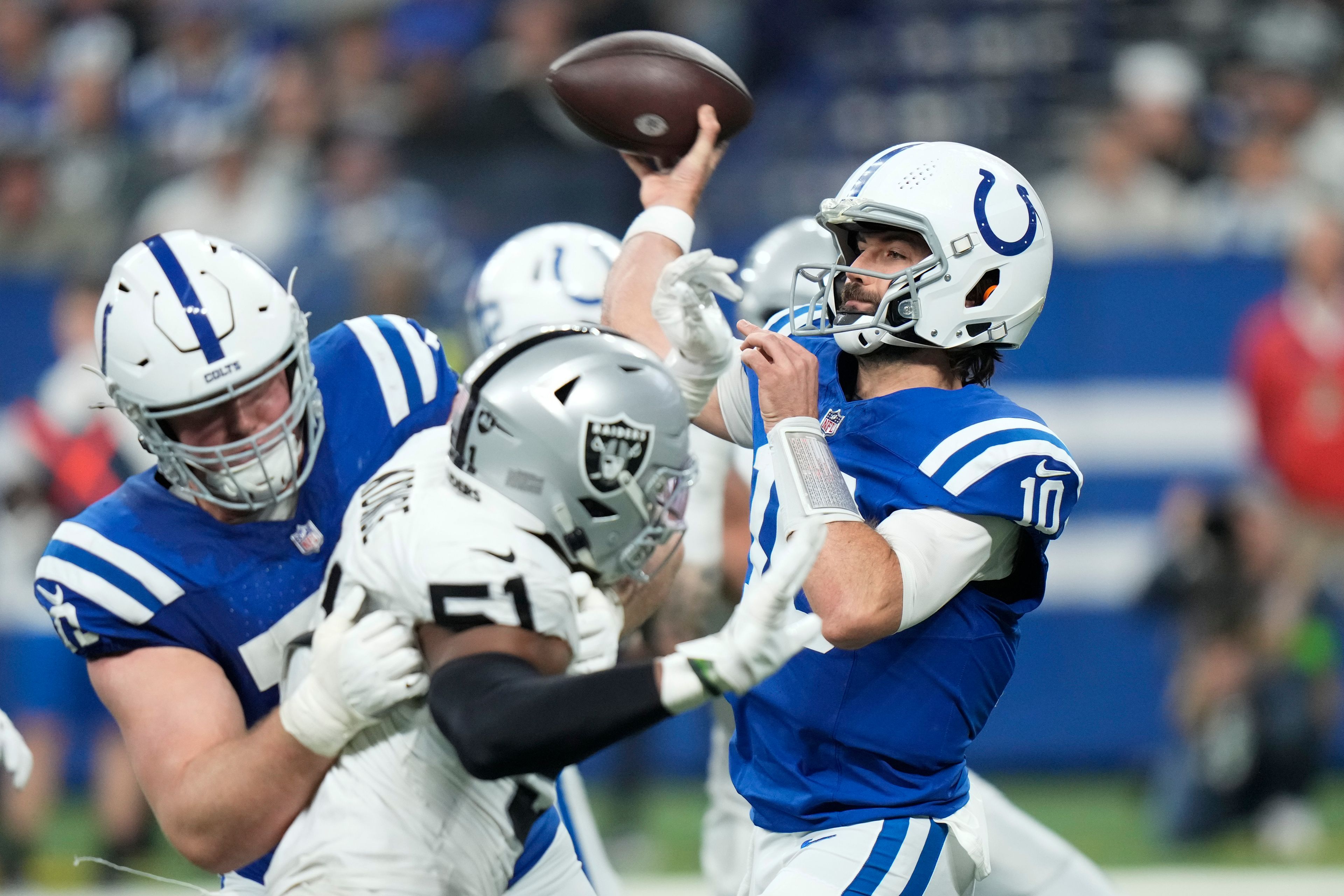 Colts quarterback Gardner Minshew (10) throws a pass during the second half of a game against the Raiders on Sunday in Indianapolis.