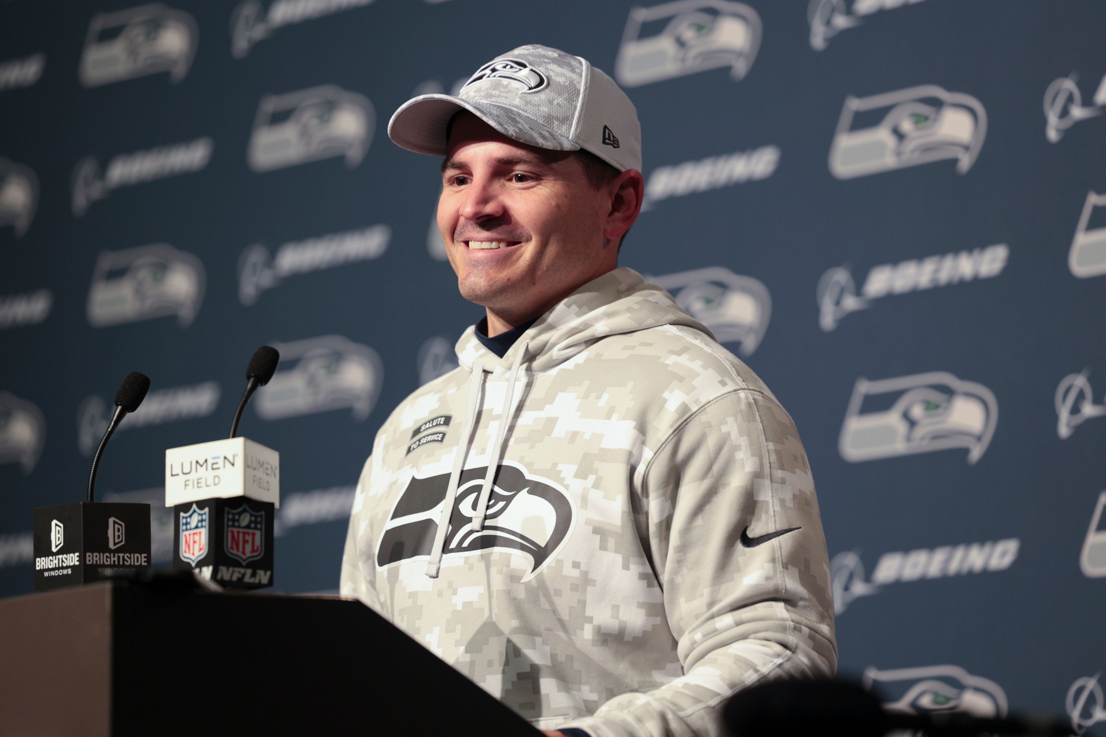 Seattle Seahawks head coach Mike Macdonald speaks during a news conference after an NFL football game Sunday, Nov. 24, 2024, in Seattle. The Seahawks won 16-6. (AP Photo/Jason Redmond)