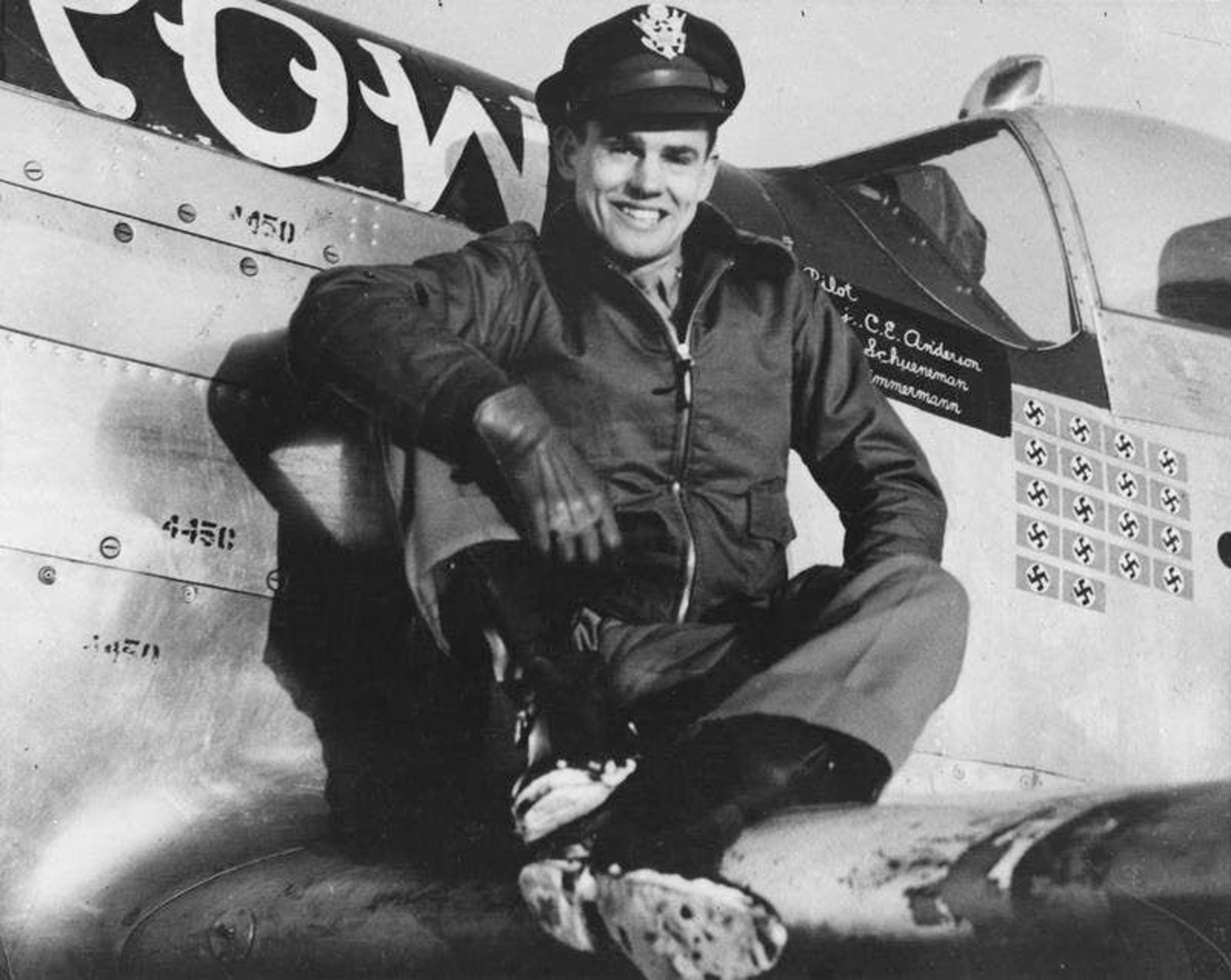 ABOVE: C.E. “Bud” Anderson poses on the wing of his P-51 fighter in wintertime England during World War II. LEFT: Anderson was a member of the 357th Fighter Group based at Leiston in England. Anderson and several restored iterations of his aircraft will be on display this weekend at the Radials N’ Rivers Fly In.