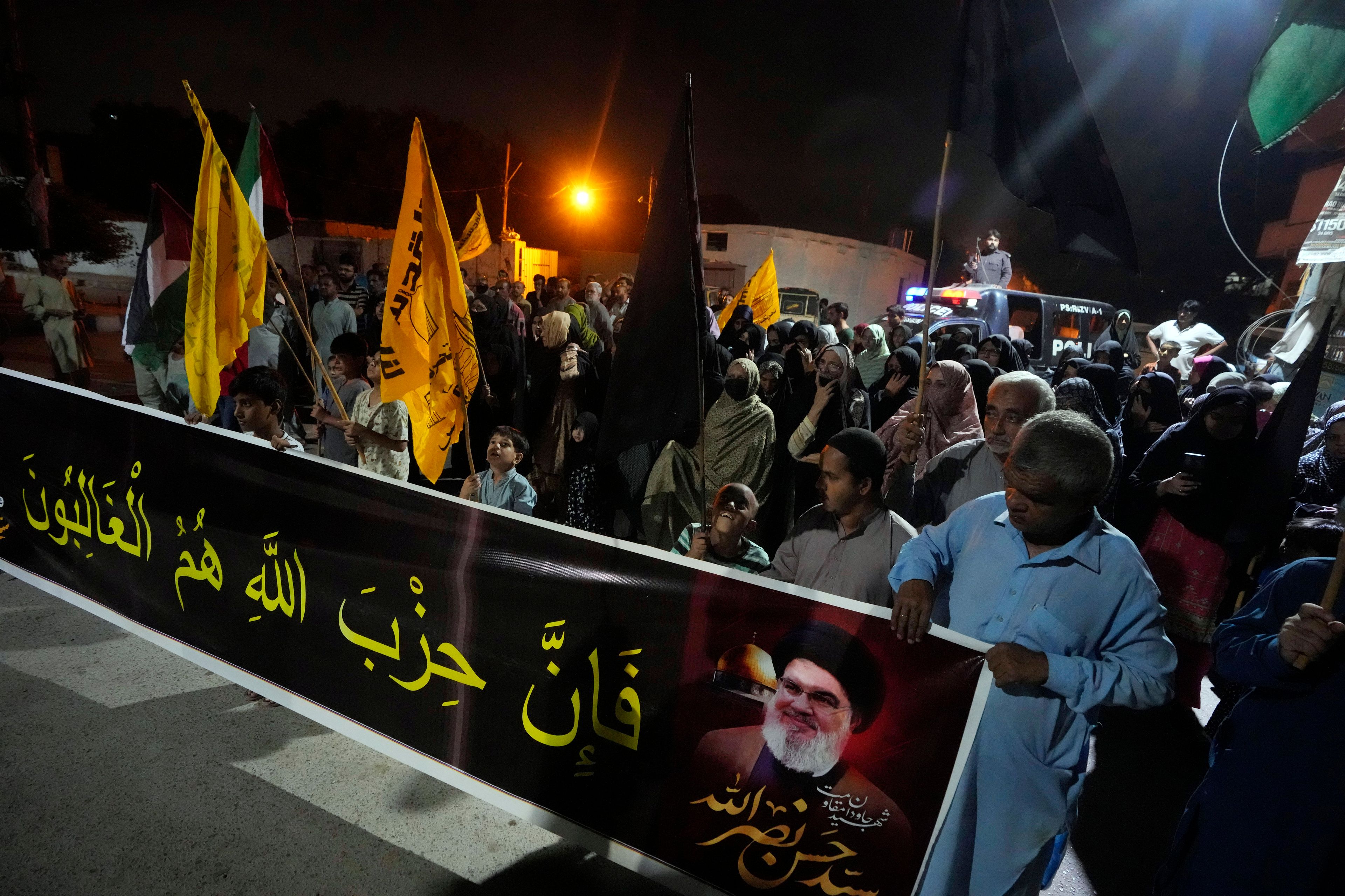 Shiite Muslims protest against the killing of Hezbollah leader Hassan Nasrallah, in Karachi, Pakistan, Saturday, Sept. 28, 2024. (AP Photo/Fareed Khan)