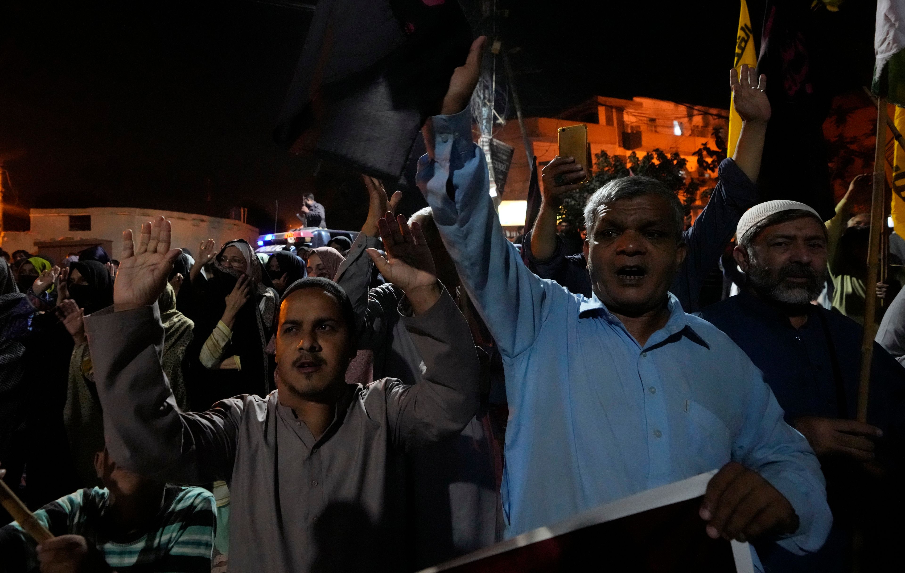 Shiite Muslims shout anti-Israel and anti-U.S. slogans during a protest against the killing of Hezbollah leader Hassan Nasrallah, in Karachi, Pakistan, Saturday, Sept. 28, 2024. (AP Photo/Fareed Khan)