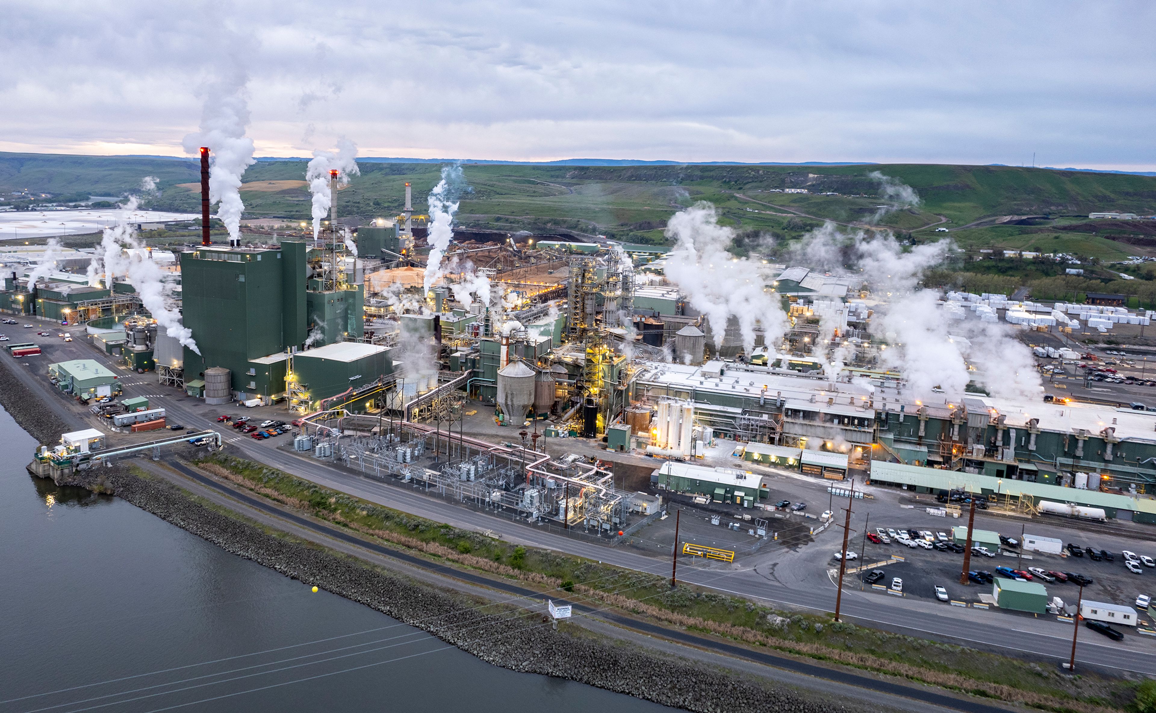 A photo captured with a drone of the Clearwater Paper mill in Lewiston at dawn in 2022.