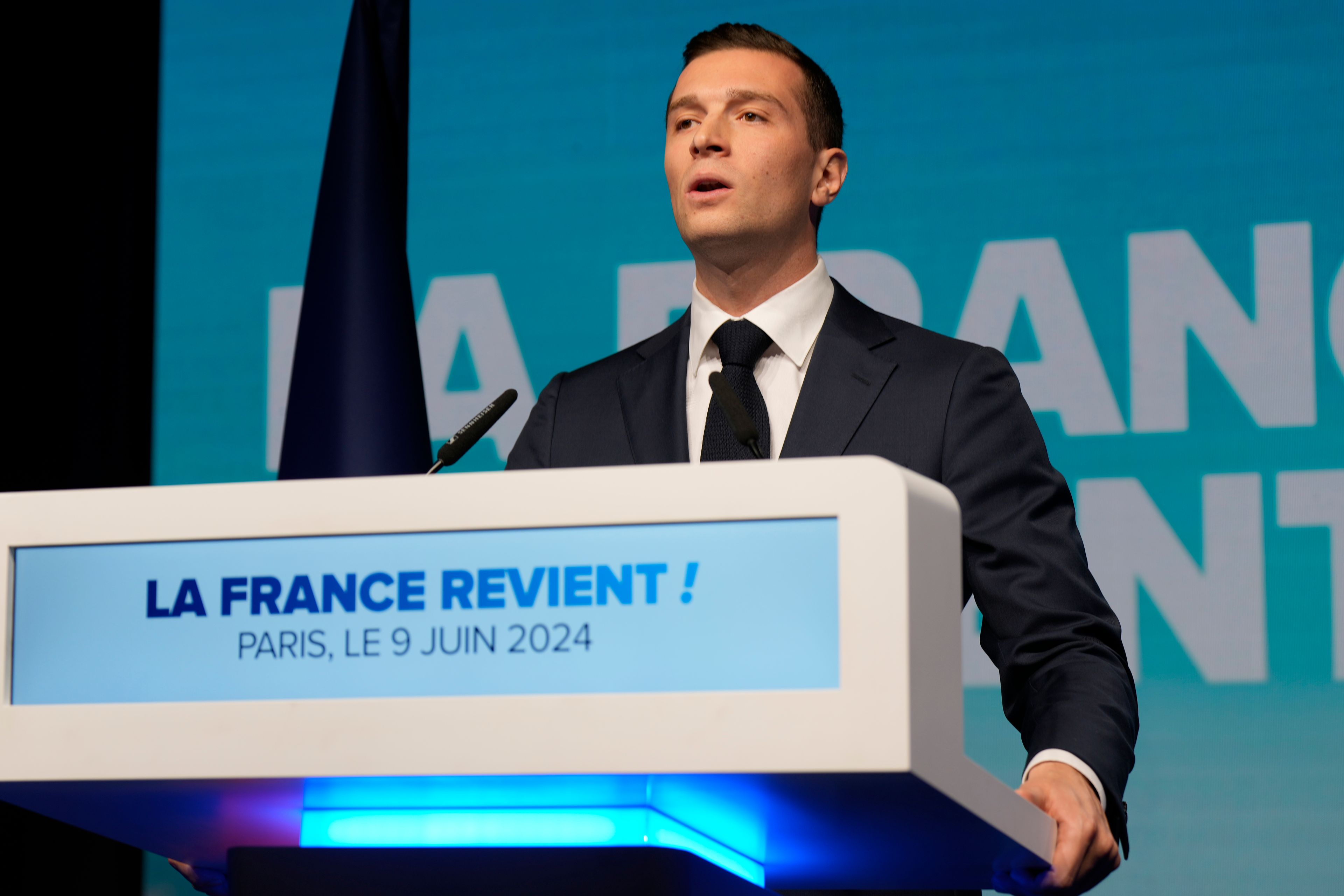 French far-right National Rally lead candidate Jordan Bardella delivers a speech at the party election night headquarters, Sunday, June 9, 2024 in Paris. First projected results from France put far-right National Rally party well ahead in EU elections, according to French opinion poll institutes.