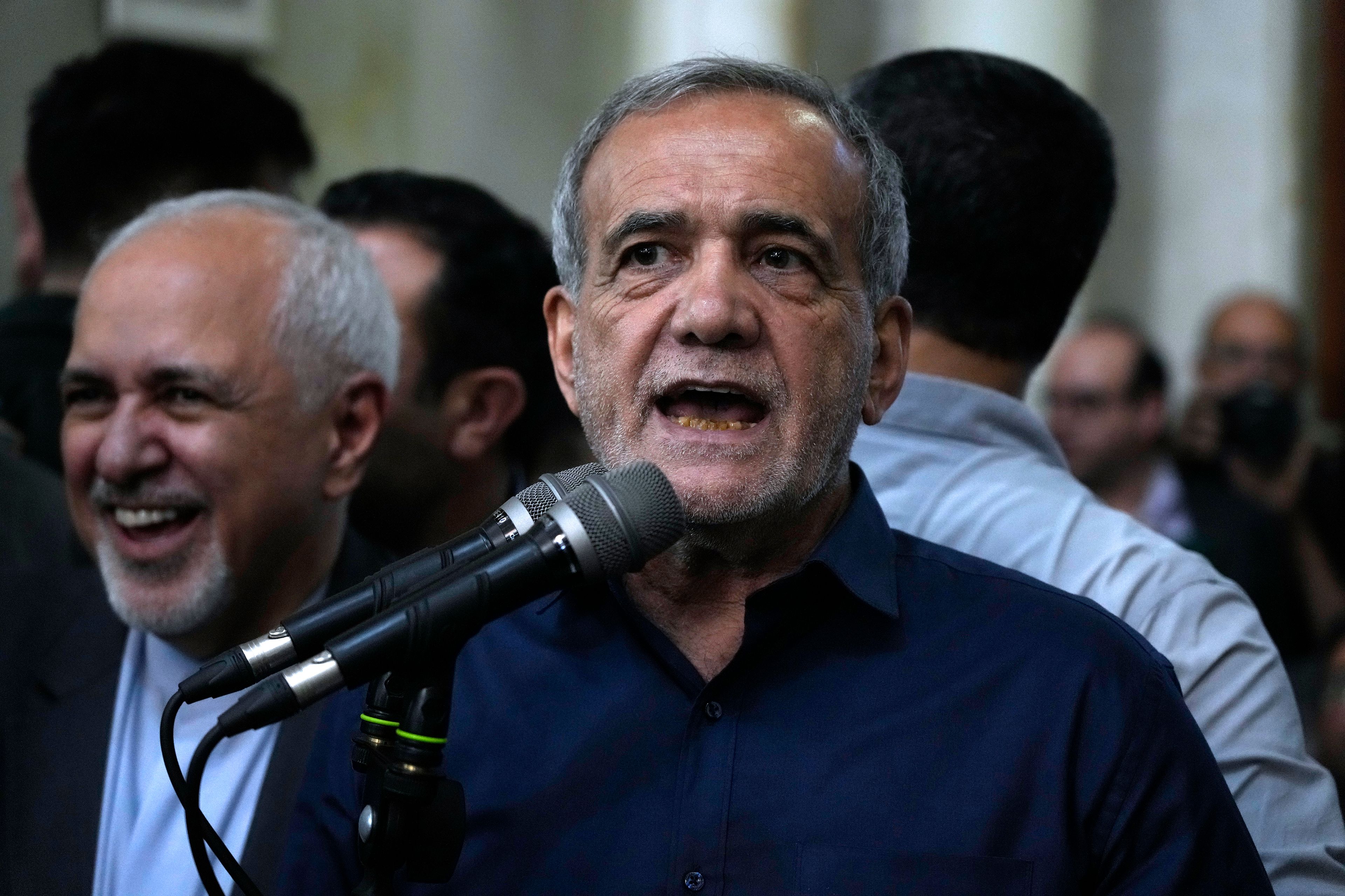 Iran's President-elect Masoud Pezeshkian speaks in a meeting a day after the presidential election, at the shrine of the late revolutionary founder Ayatollah Khomeini, just outside Tehran, Iran, Saturday, July 6, 2024. (AP Photo/Vahid Salemi)