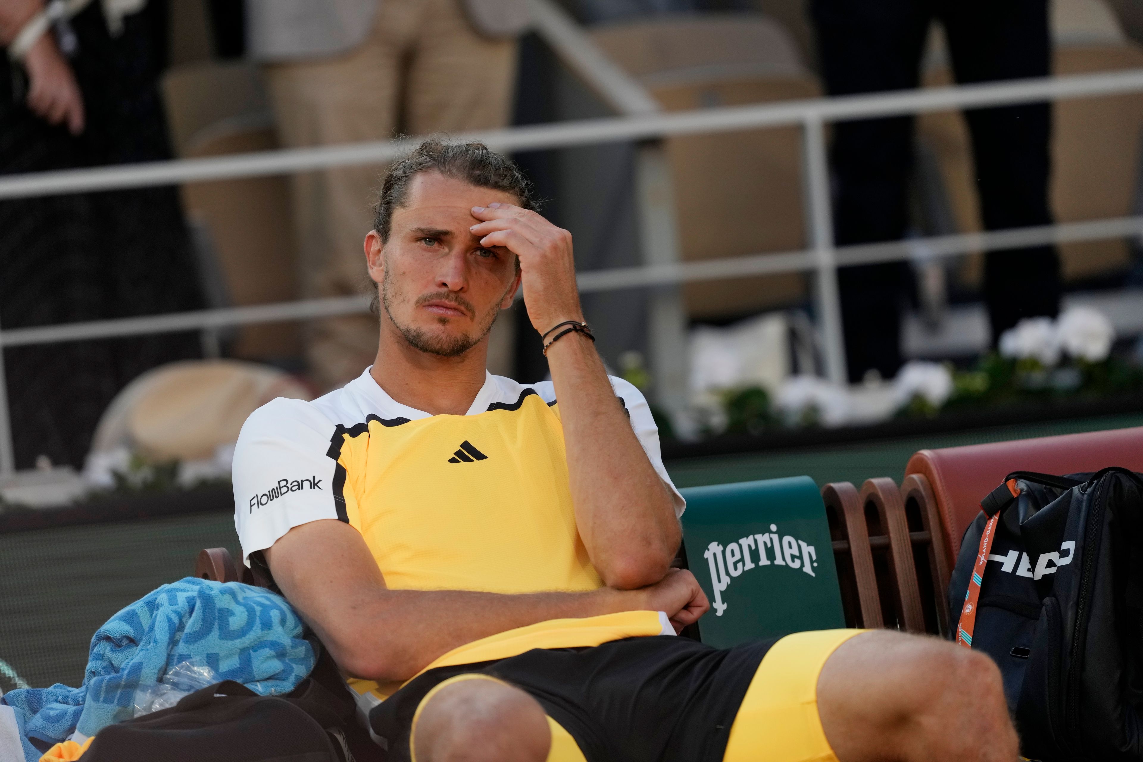 Germany's Alexander Zverev reacts after the men's final match of the French Open tennis tournament against Spain's Carlos Alcaraz at the Roland Garros stadium in Paris, Sunday, June 9, 2024.