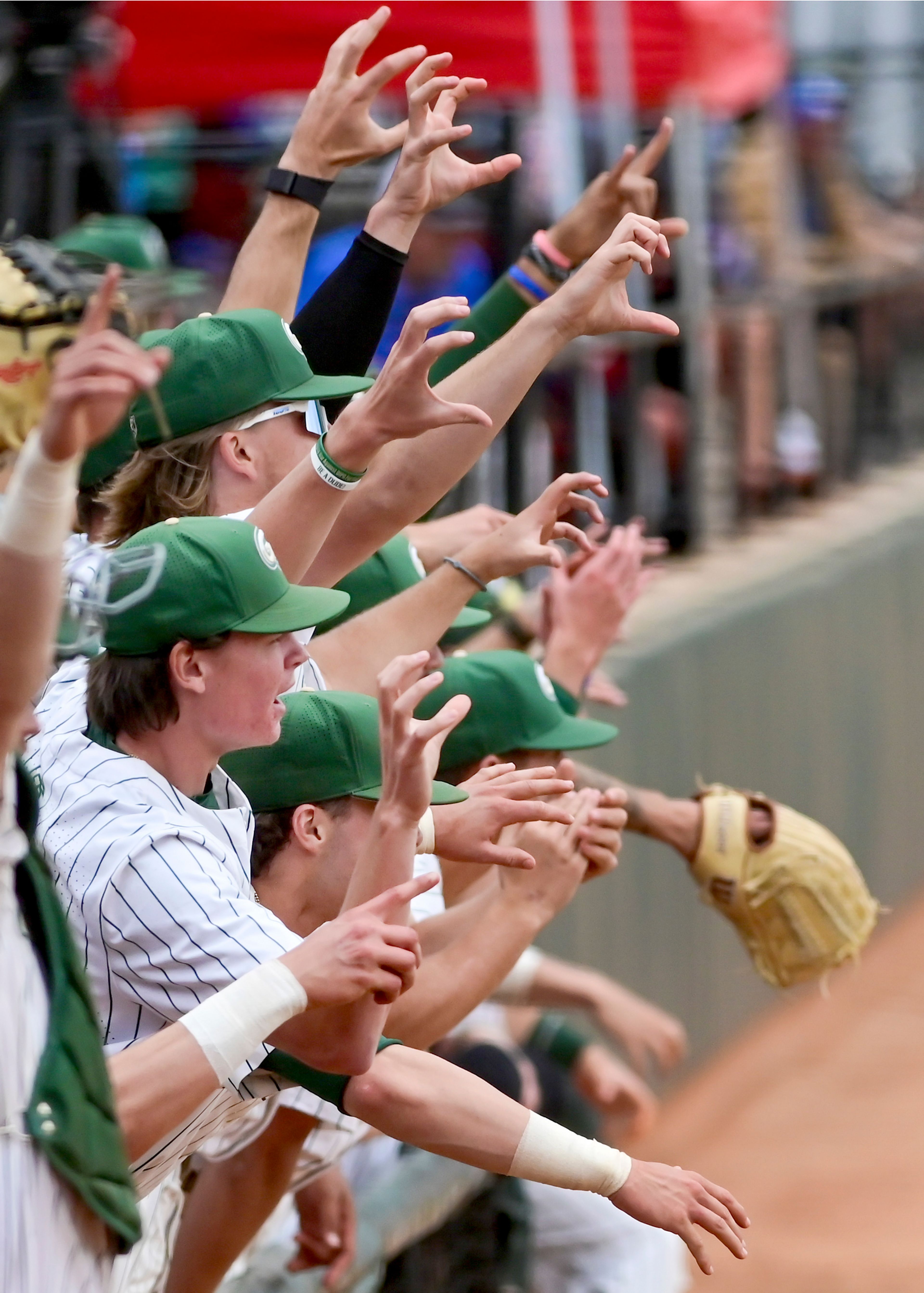 Georgia Gwinnett’s dugout raises their arms into a grizzly bear stance as a player reaches second base in Game 16 of the NAIA World Series against at Harris Field in Lewiston on Wednesday.