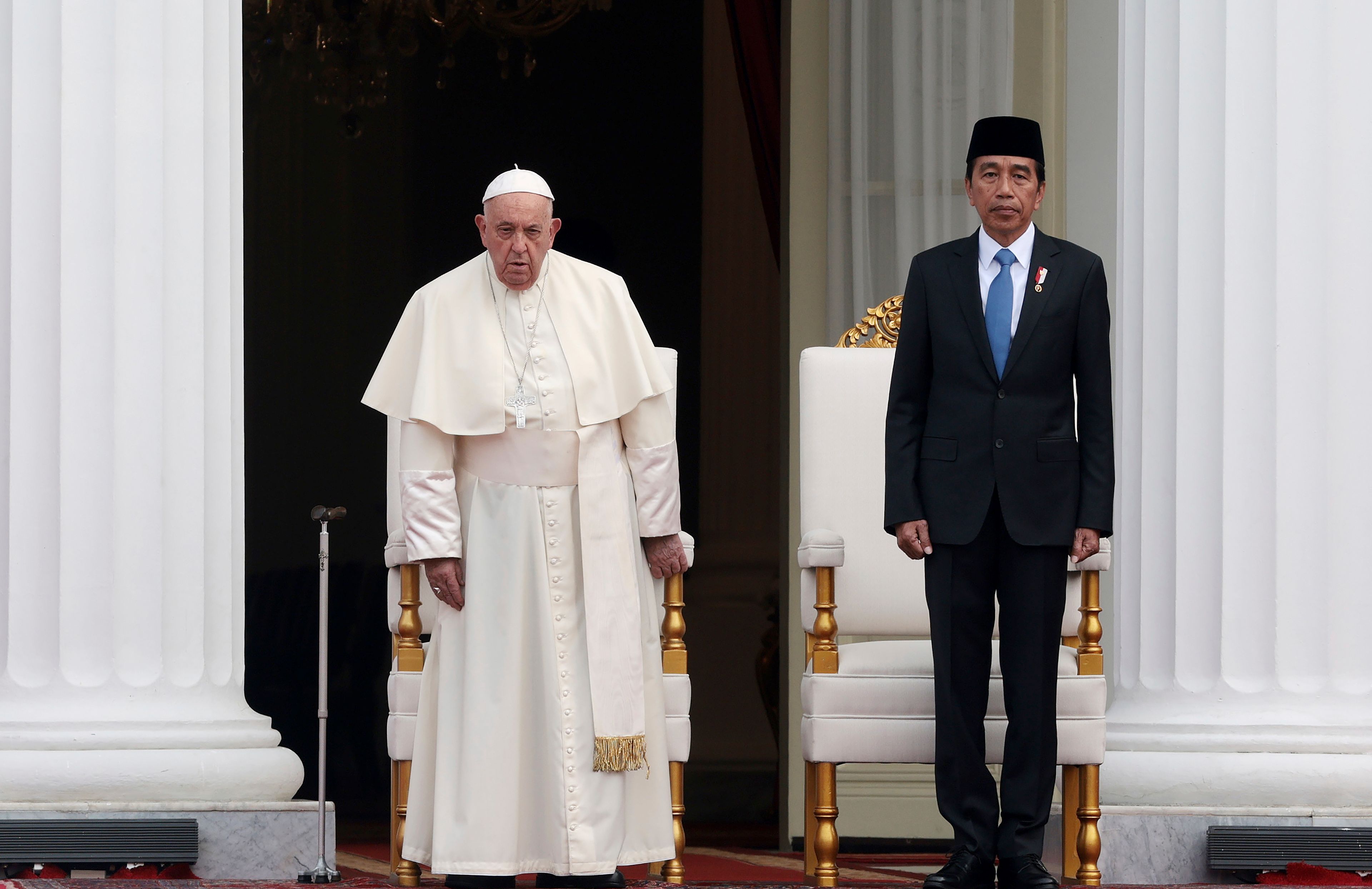 Pope Francis, left, and Indonesian President Joko Widodo attend a welcome ceremony at the Istana Merdeka Presidential Palace in Jakarta Wednesday, Sept. 4, 2024.