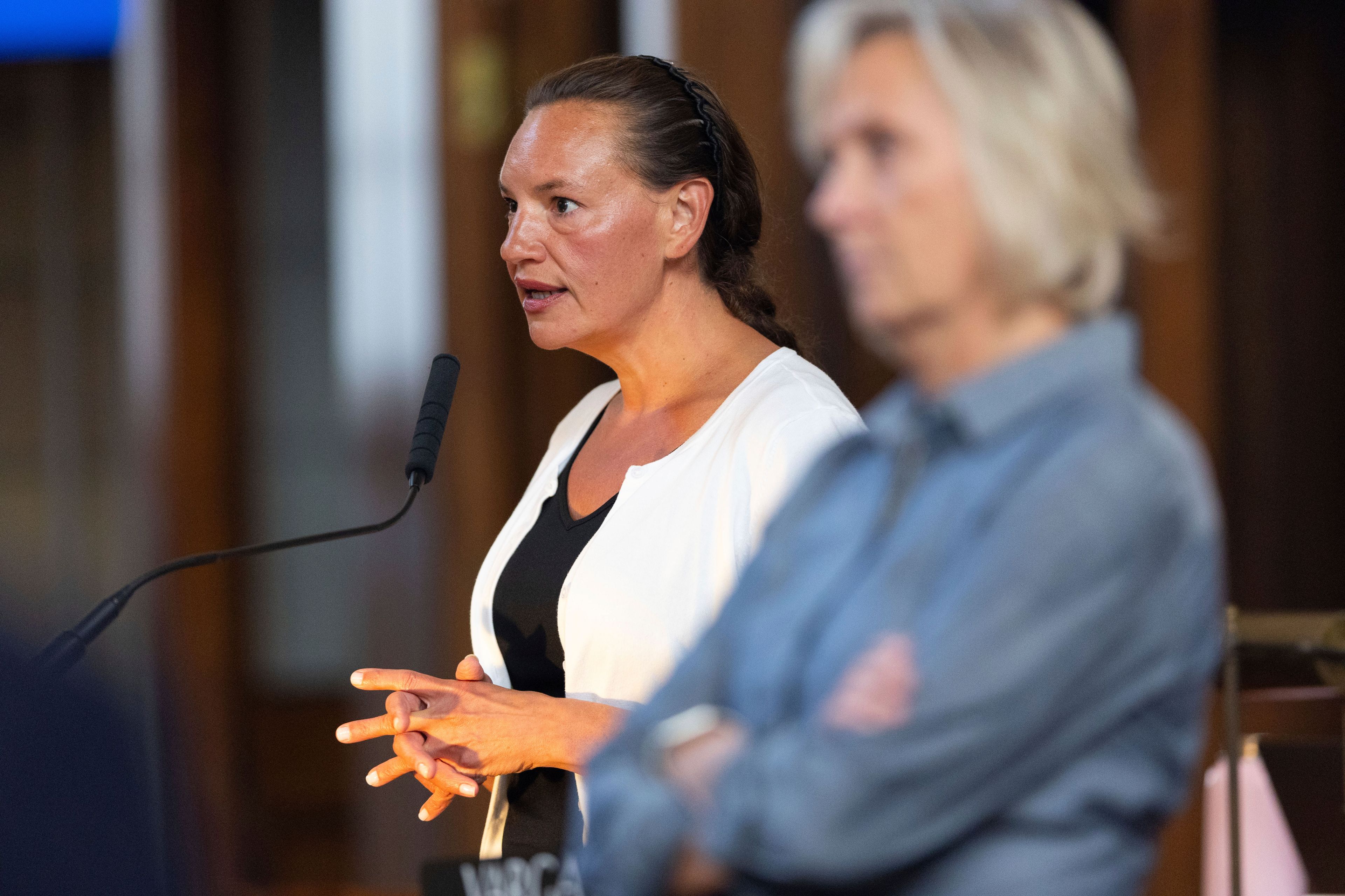 State Sen. Danielle Conrad speaks on the legislative floor of the Nebraska State Capitol, Aug. 8, 2024, in Lincoln, Neb.