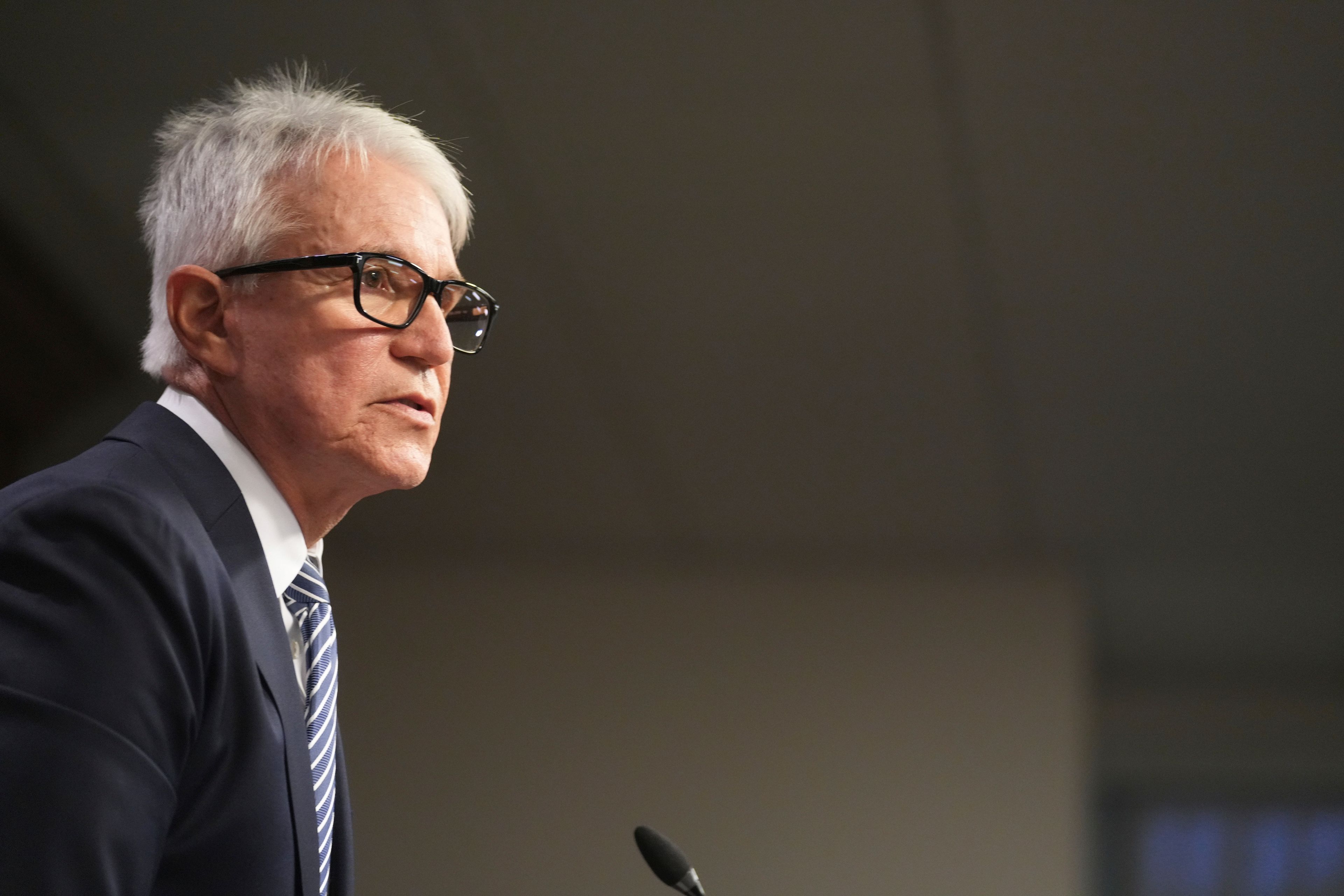 Los Angeles County District Attorney George Gascon speaks during a news conference regarding the Menendez brothers, Thursday, Oct. 24, 2024, at the Hall of Justice in Los Angeles. (AP Photo/Eric Thayer)