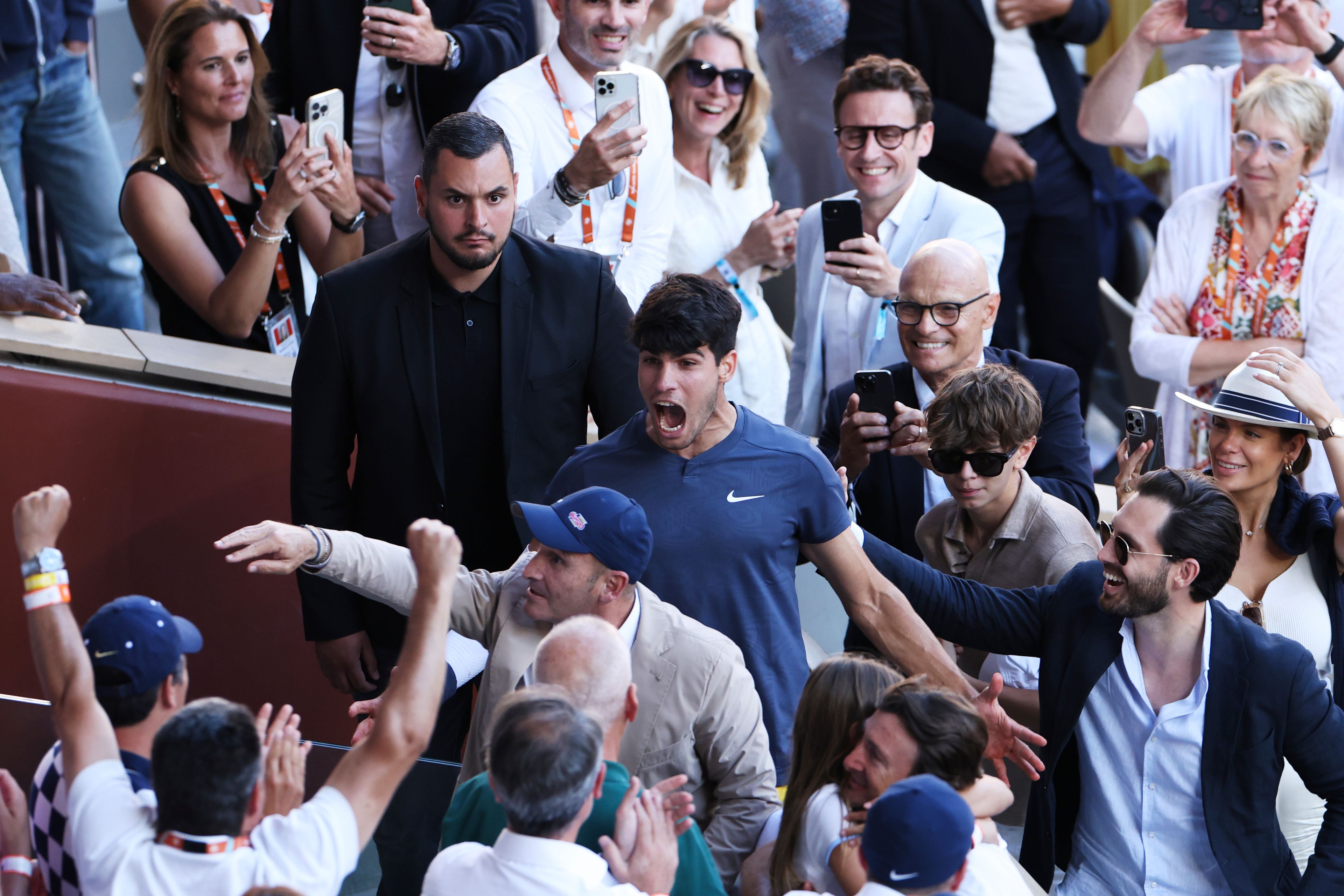 Spain's Carlos Alcaraz celebrates as he won the men's final match of the French Open tennis tournament against Germany's Alexander Zverev at the Roland Garros stadium in Paris, Sunday, June 9, 2024.