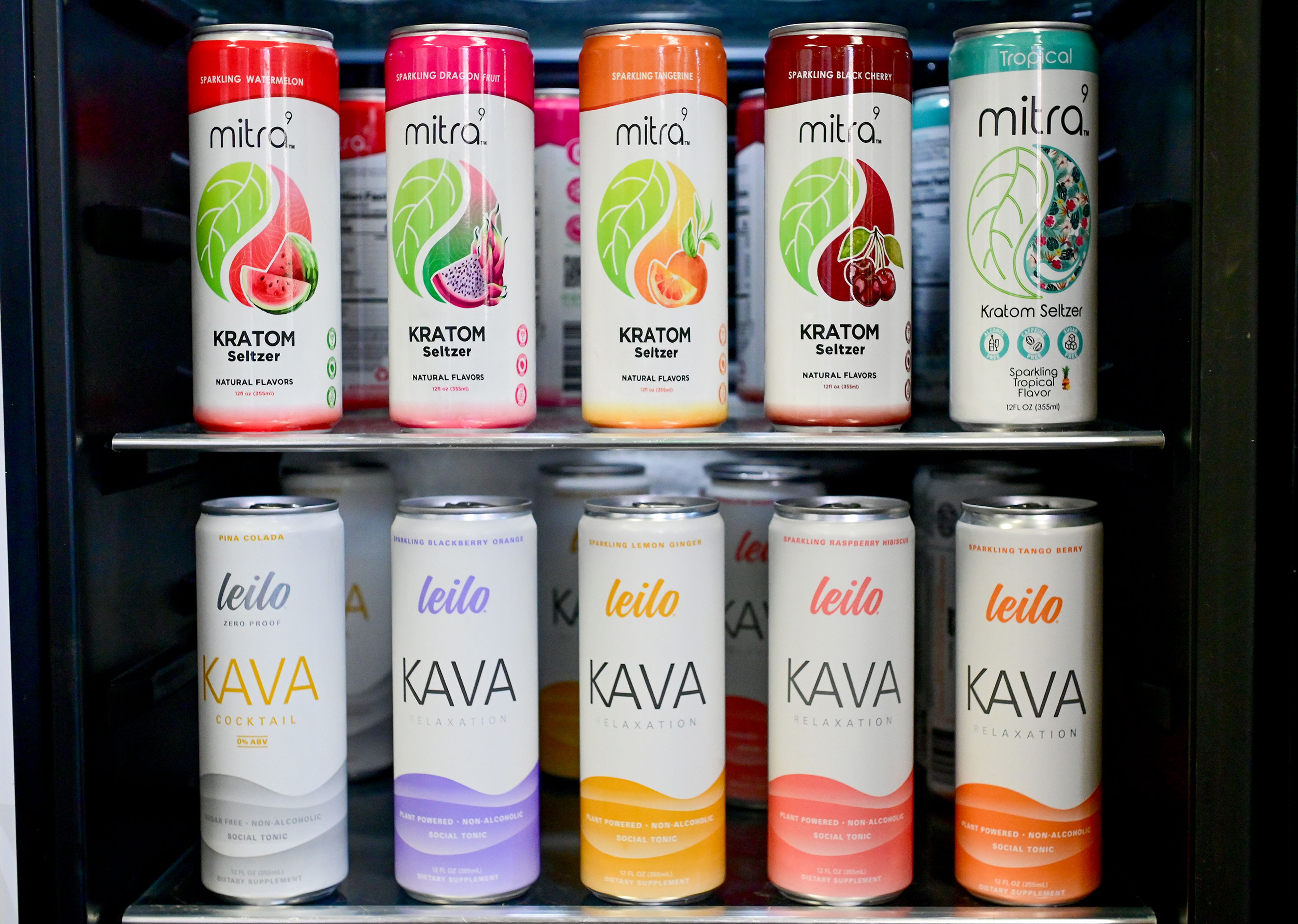 Sparkling beverages made with kratom and kava are available Friday in a fridge at Kratom Kings in Moscow.
