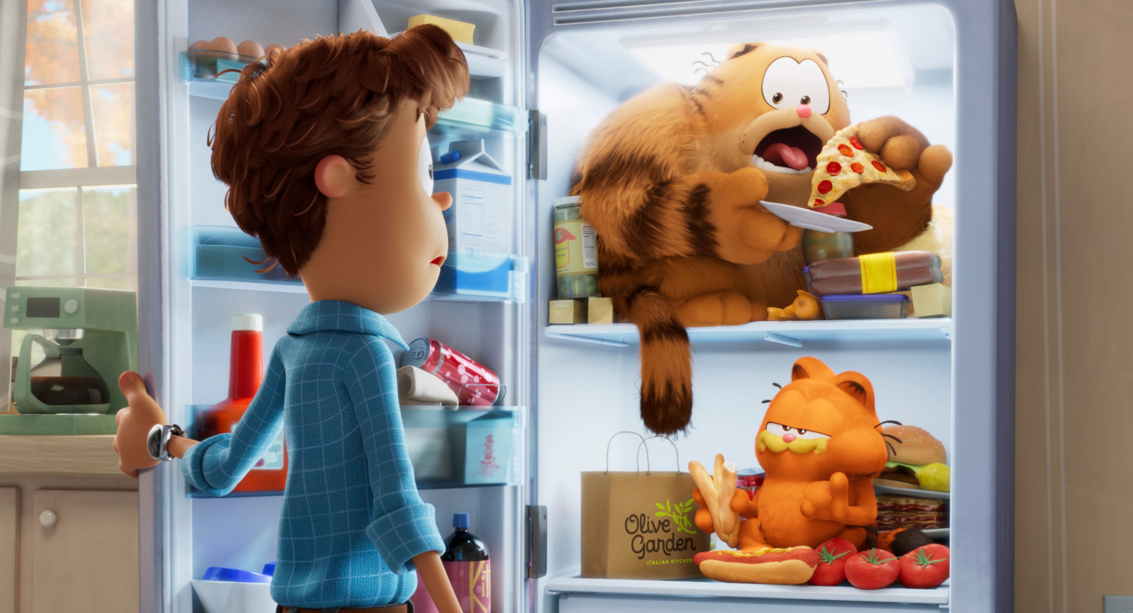 This image released by Sony Pictures shows characters Jon, voiced by Nicholas Hoult, clockwise from left, Vic, voiced by Samuel L. Jackson, and Garfield, voiced by Chris Pratt, in a scene from the animated film "The Garfield Movie."