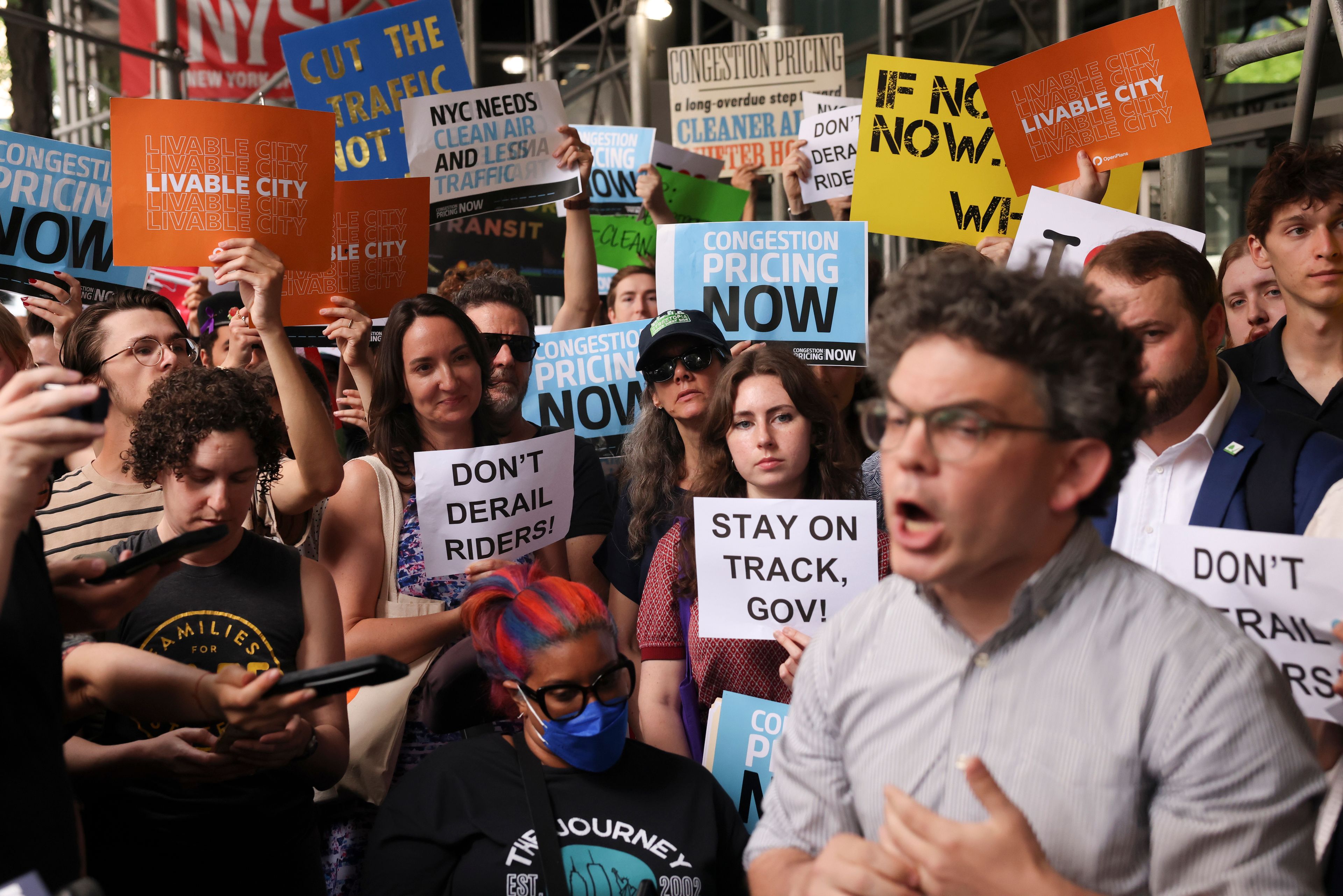 Protesters demonstrate outside New York Gov. Kathy Hochul's Manhattan office, Wednesday, June 5, 2024, in New York. Hochul is indefinitely delaying implementation of a plan to charge motorists big tolls to enter the core of Manhattan, just weeks before the nation's first "congestion pricing" system was set to launch.