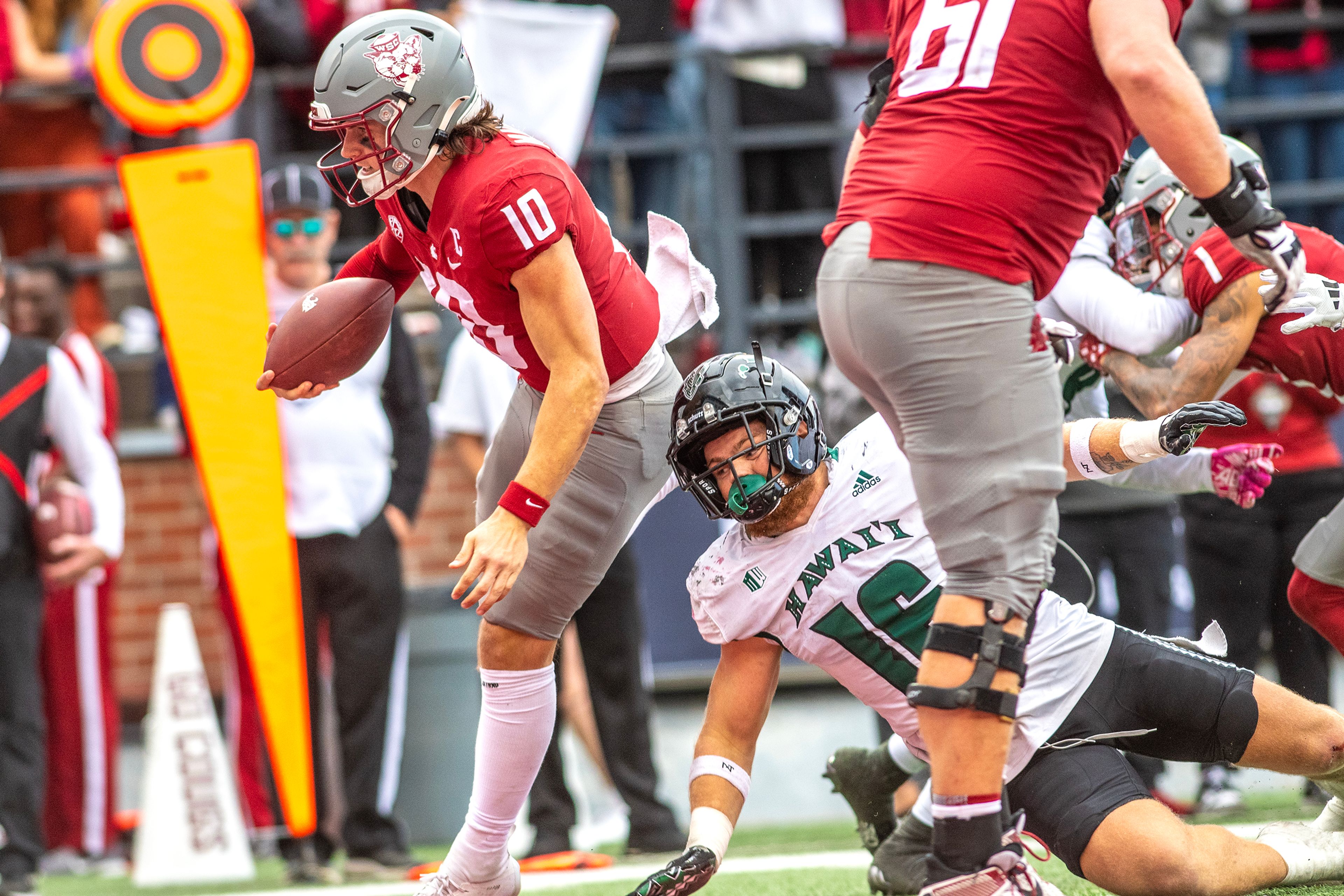 Washington State quarterback John Mateer gets into the end zone past Hawaii linebacker Logan Taylor for a touchdown in a college football game on Saturday at Gesa Field in Pullman. WSU defeated Hawaii 42-10.,