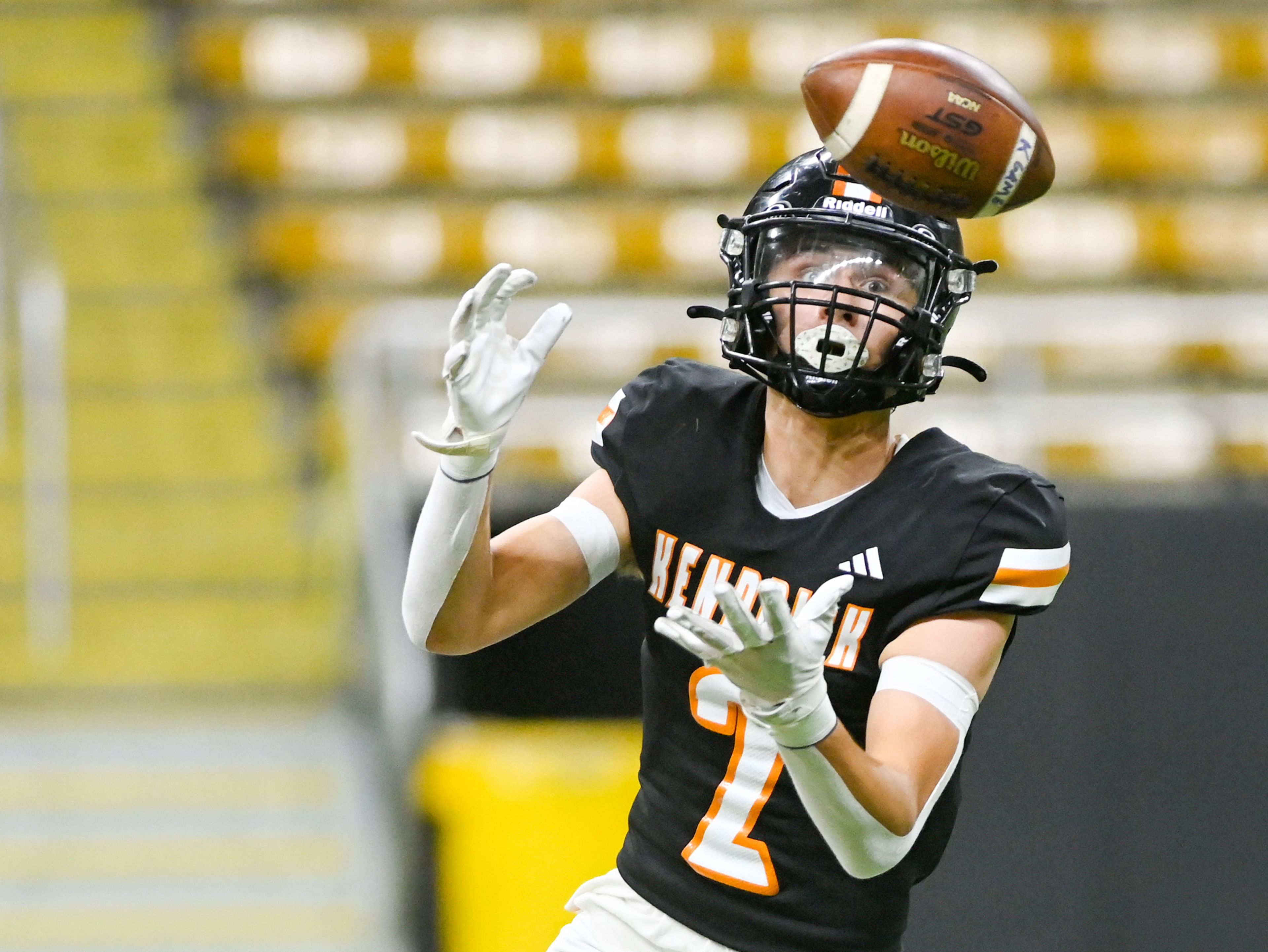 Kendrick’s Ralli Roetcisoender regains control of a kickoff ball from Kamiah during an Idaho Class 2A state quarterfinal game at the P1FCU Kibbie Dome in Moscow. 