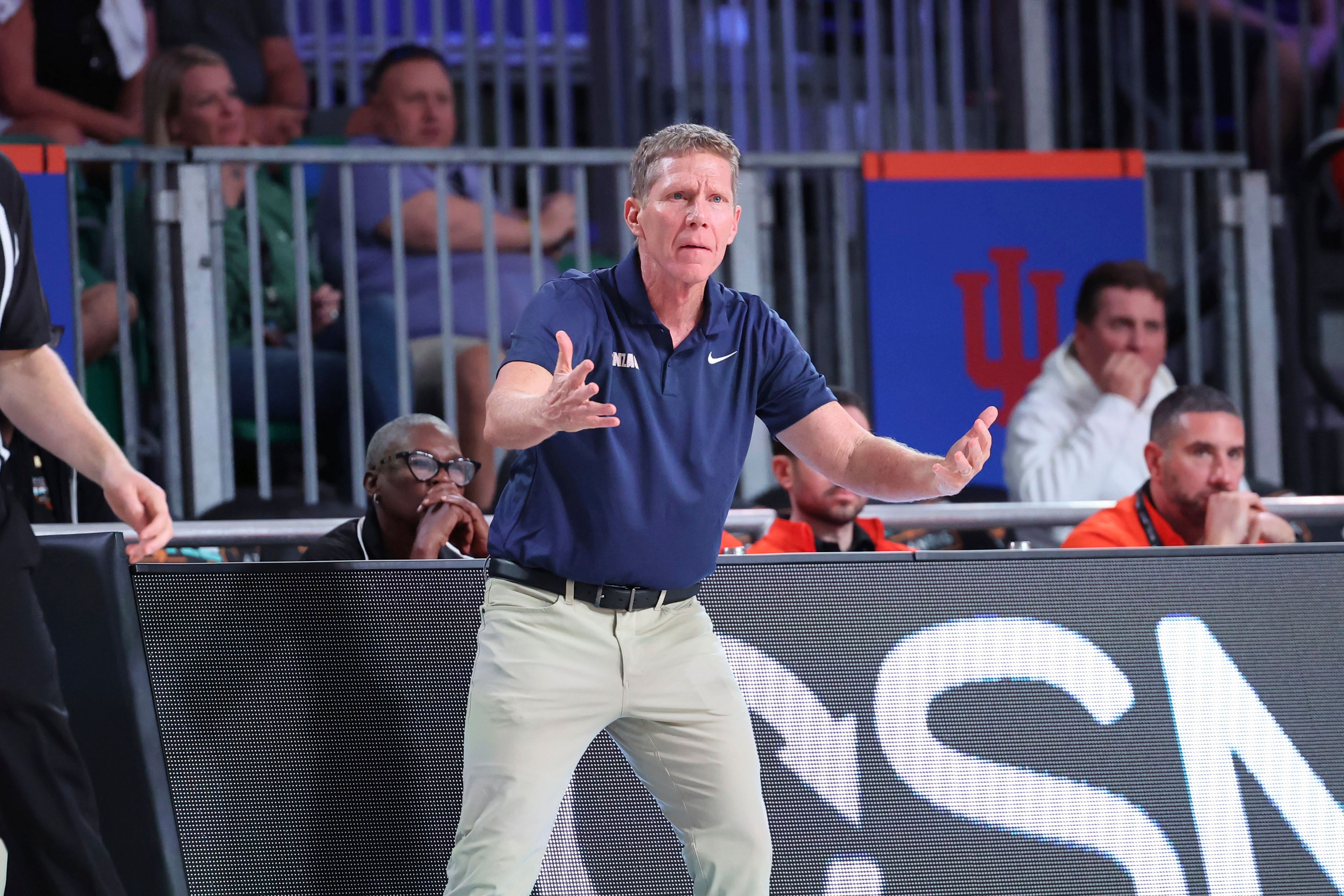 In this handout provided by Bahamas Visual Services, Gonzaga coach Mark Few reacts during an NCAA college basketball game against West Virginia at the Battle 4 Atlantis tournament in Paradise Island, Bahamas Wednesday, Nov. 27, 2024. (Tim Aylen/Bahamas Visual Services via AP)