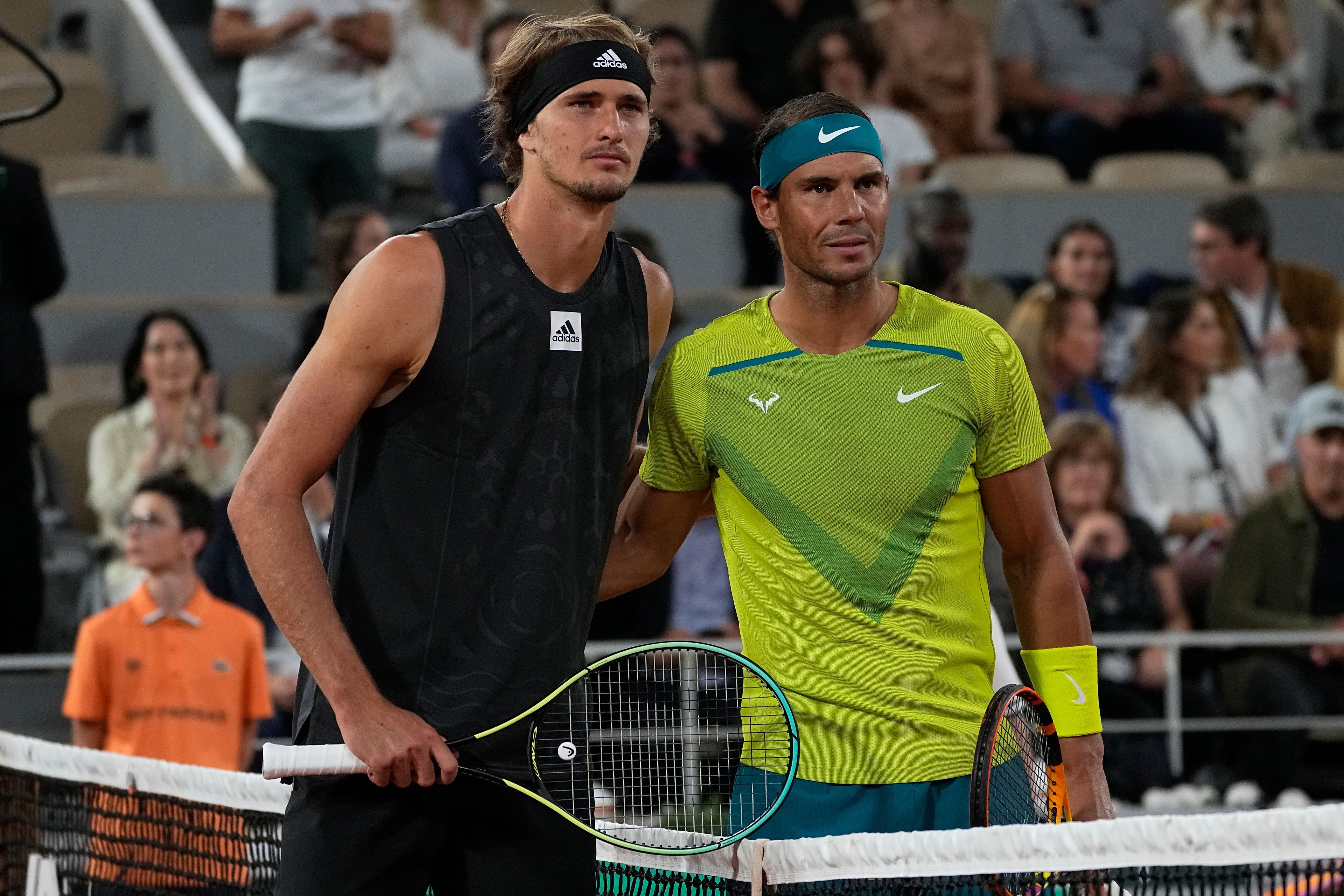 FILE - Spain's Rafael Nadal, right, and Germany's Alexander Zverev pose before their semifinal of the French Open tennis tournament at the Roland Garros stadium Friday, June 3, 2022 in Paris. Plenty of folks have vivid recollections of seeing Nadal display his relentless excellence on a tennis court. That includes the many players who have been on the other side of the net for at least one of his 1,299 professional matches.