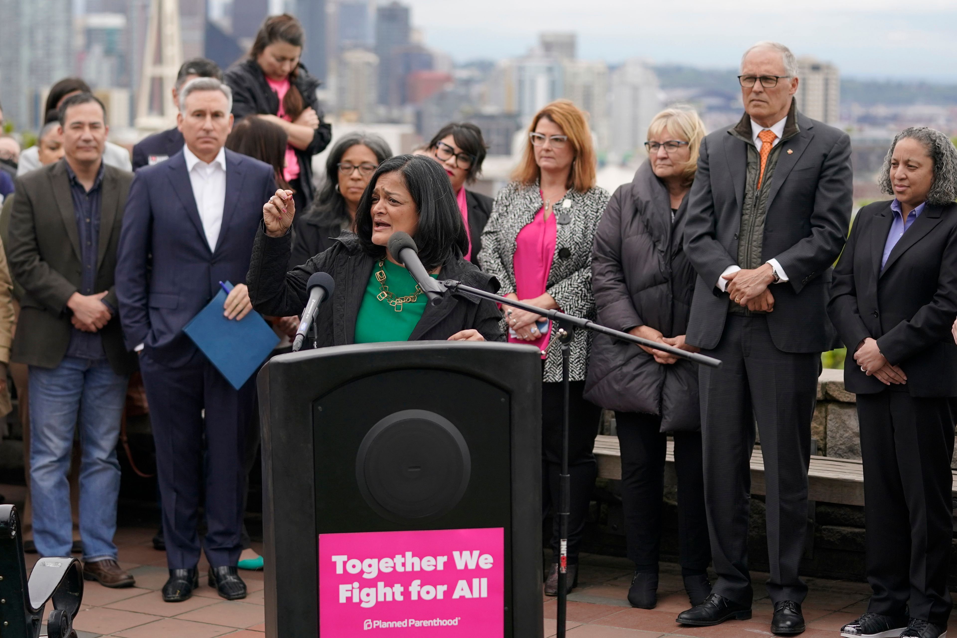 U.S. Rep. Pramila Jayapal, D-Wash., speaks Tuesday, May 3, 2022, at a rally at a park overlooking Seattle. Jayapal spoke about having an abortion more than 20 years ago and said that Washington state would remain a pro-choice state and that women would continue to be able to access safe and affordable abortions. (AP Photo/Ted S. Warren)