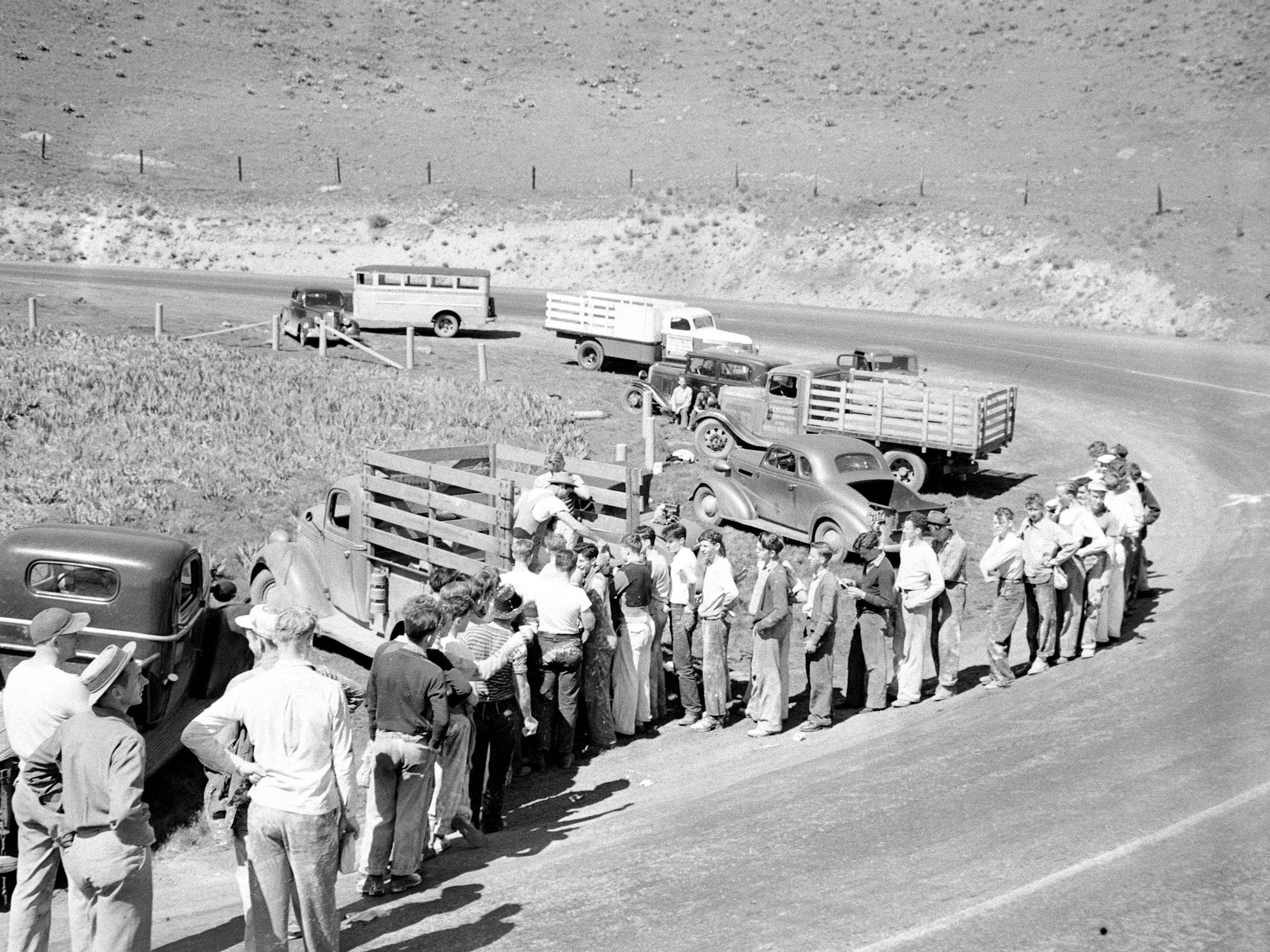 Along the Spiral Highway, a crew of about 70 senior boys from Lewiston High School lined up on a Monday morning at trucks in preparation for a day of working to create with whitewashed rocks the huge letter L on the Lewiston Hill in this photo taken in 1941. A news story published in the April 8, 1941, Lewiston Tribune was headlined, “Lewiston seniors complete huge letter ‘L’ in new location on hill after a strenuous day of labor.” It noted, “Three trucks used to transport the boys and their equipment were donated by the McDonald Chevrolet Co., Lewiston Plumbing, Heating & Sheet Metal Co., and Huggins Dairy.” The letter replaced a numeral which was whitewashed each year by senior class members. Though the photographer is unknown, this photo is part of the Art Andrews Collection and was submitted by Steven Branting, of Lewiston, from the Lewiston School District Archives. Readers who would like to share their historical photos (20 years or older) from throughout the region may do so by emailing them to blasts@lmtribune.com or submitting them to: Blast from the Past, P.O. Box 957, Lewiston, ID 83501. Questions? Call Jeanne M. DePaul at (208) 848-2221.