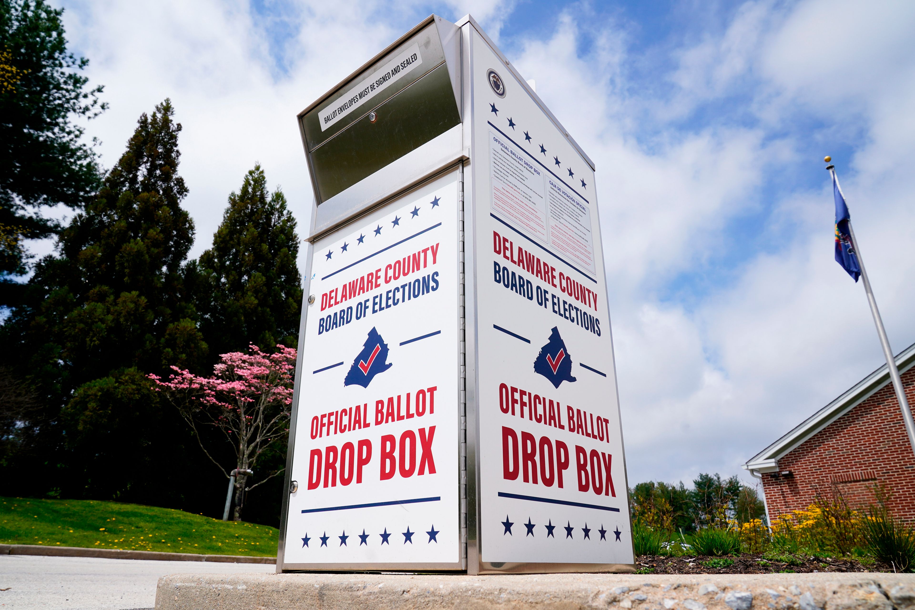 FILE - A Delaware County secured drop box for the return of vote-by-mail ballots is pictured, May 2, 2022, in Newtown Square, Pa. (AP Photo/Matt Rourke, File)