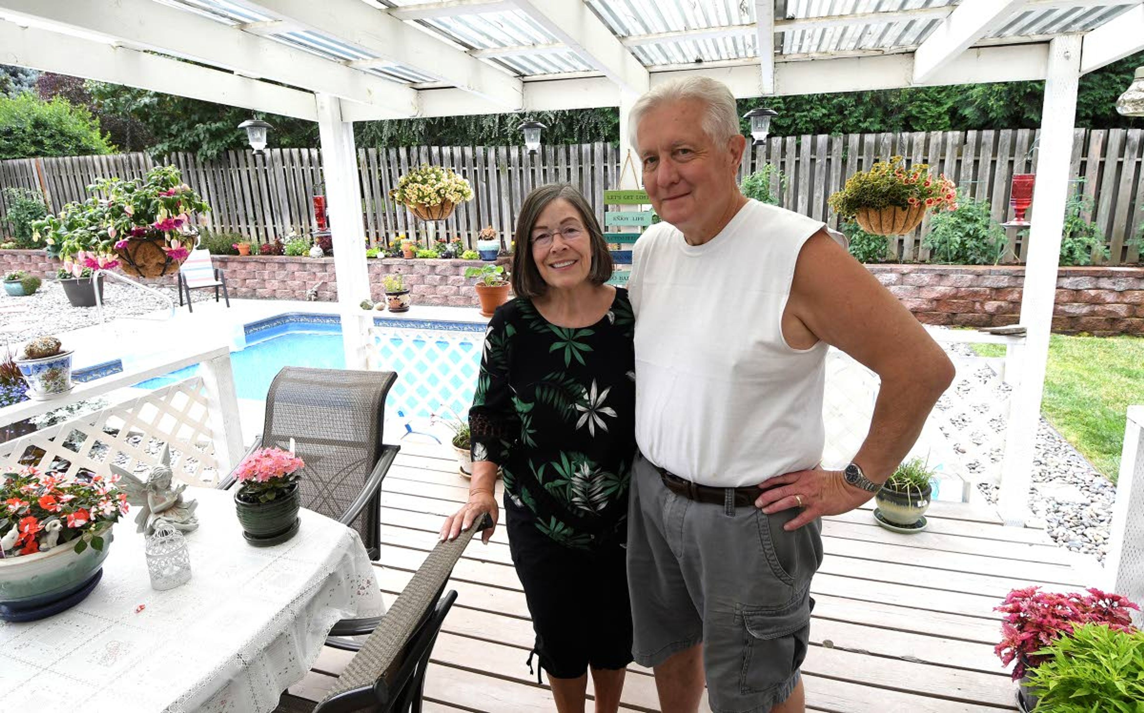 Tribune/Steve HanksThe backyard oasis created by Gayle and Glenn Thompson of Lewiston is tailor made for ease of use and a minimum of maintenance.