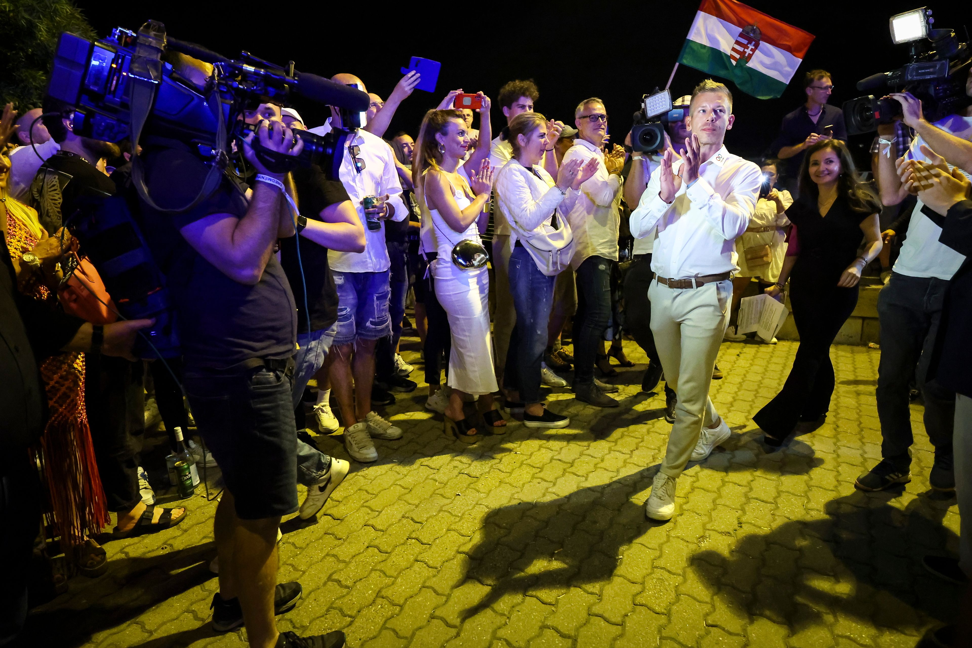 Top candidate for the European elections of the Respect and Freedom (TISZA) Party Peter Magyar attends the party's election night party after the European Parliament and local elections in Budapest, Hungary, early Monday, June 10, 2024.