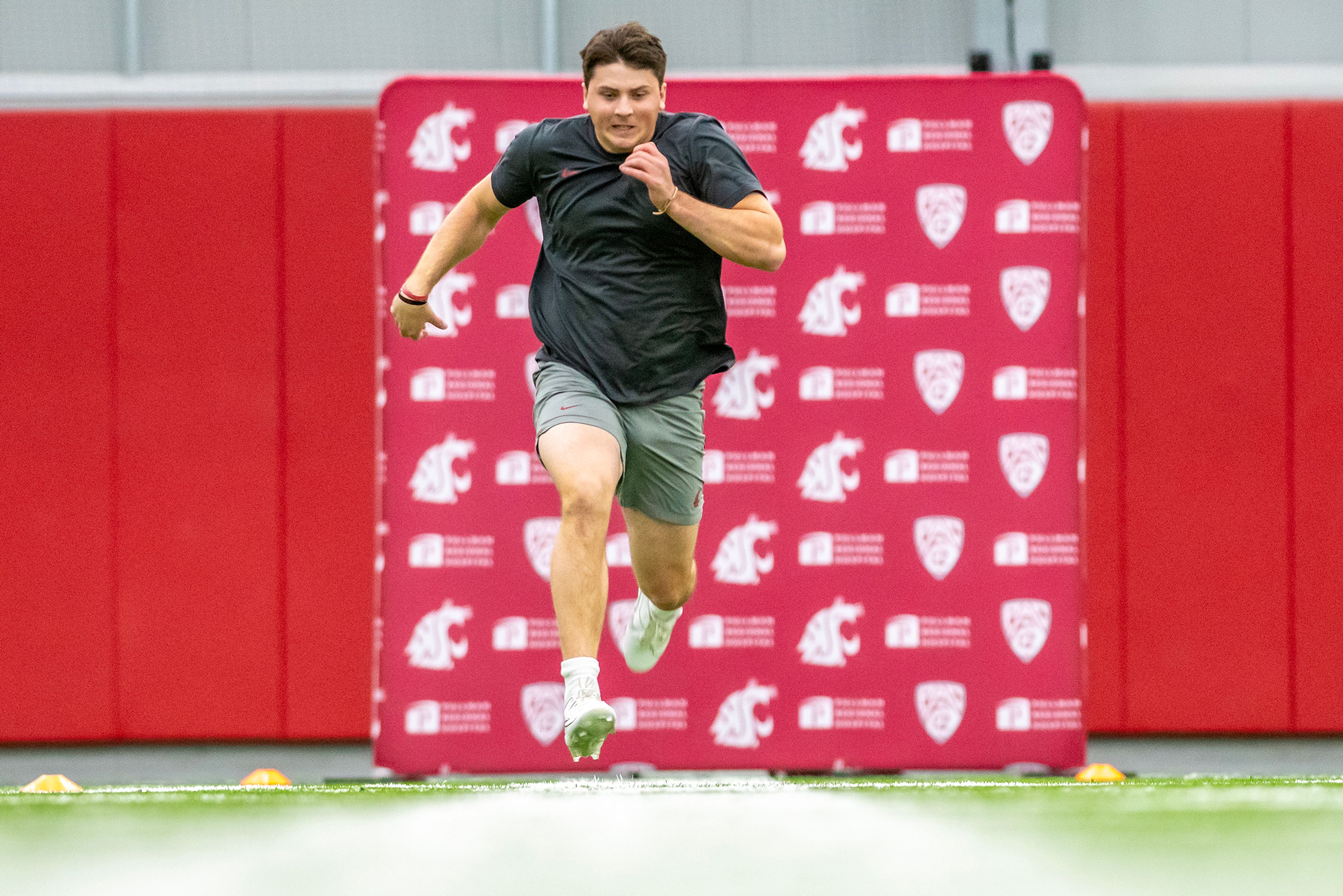 Washington State tight end Cooper Mathers runs the 40-yard dash during WSU's Pro Day on Friday in Pullman.