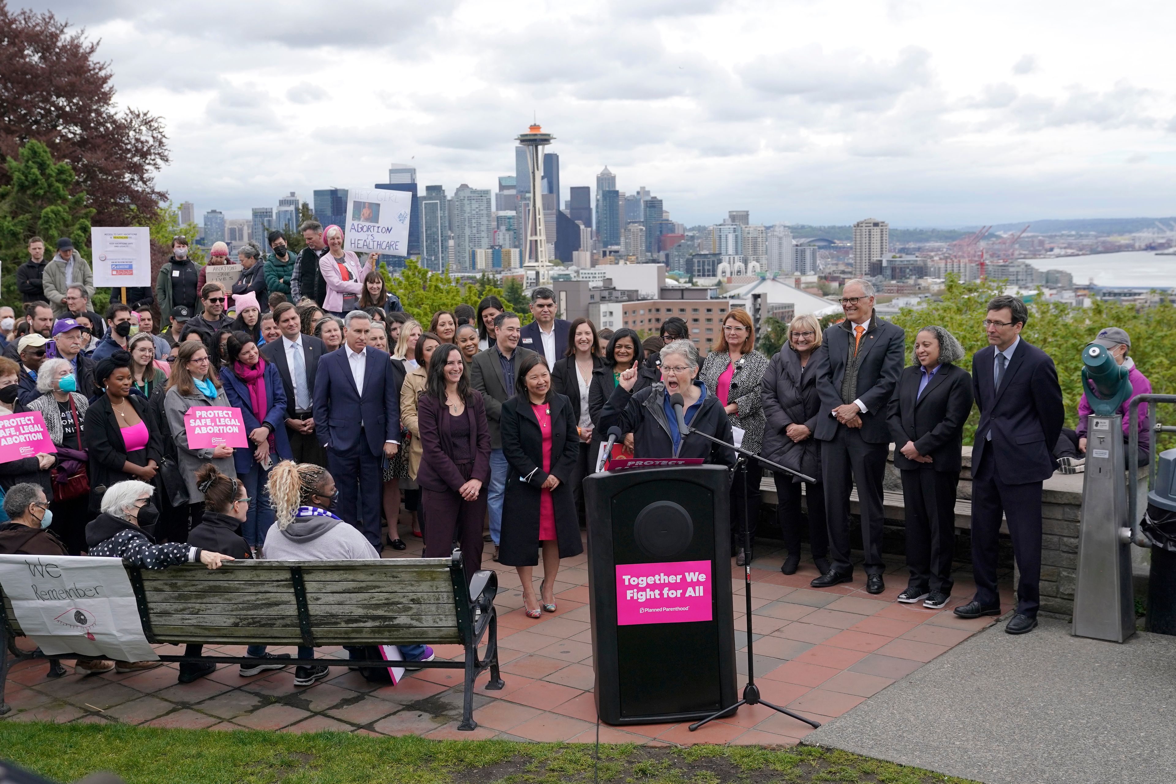 Washington House Speaker Laurie Jinkins, D-Tacoma, speaks Tuesday, May 3, 2022, at a rally at a park overlooking Seattle. Jinkins joined Gov. Jay Inslee and other officials in saying that Washington state would remain a pro-choice state and that women would continue to be able to access safe and affordable abortions. (AP Photo/Ted S. Warren)