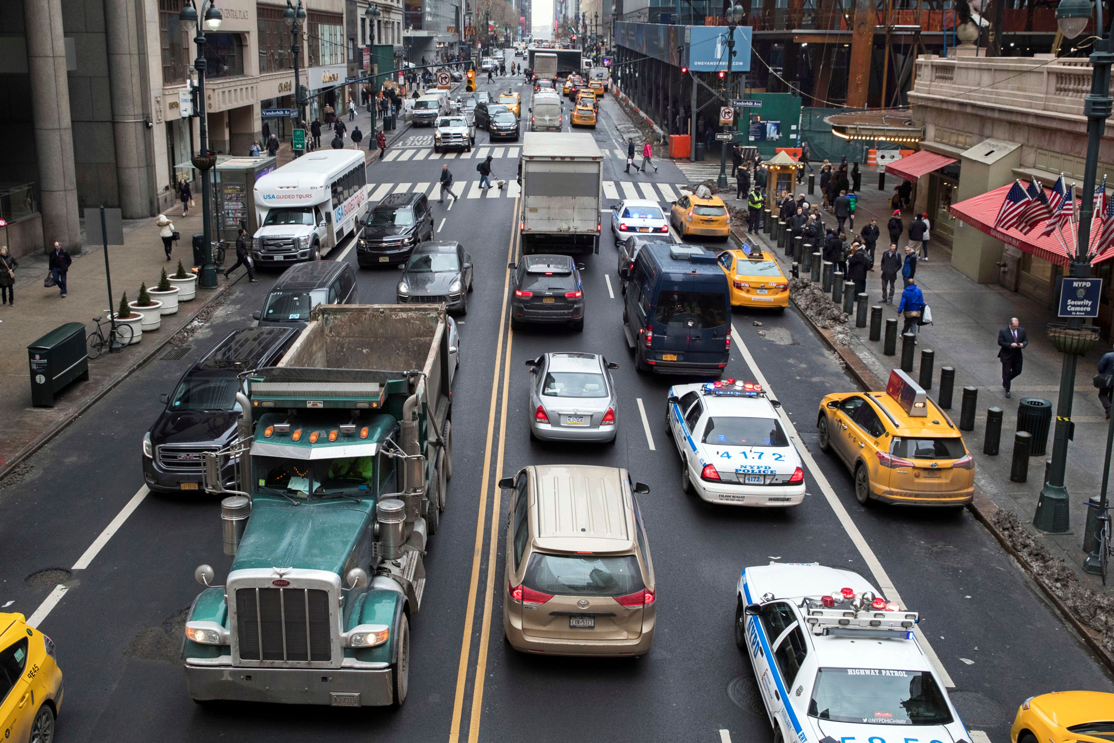 FILE - Traffic traverses 42nd Street near Grand Central Terminal, in New York, Jan. 11, 2018. The trucking industry has joined the chorus of opponents that have lodged legal challenges to block New York’s first-in-the-nation congestion fee for driving into Manhattan. The Trucking Association of New York filed a federal lawsuit Thursday, May 30, 2024 against the Metropolitan Transportation Authority, which developed the toll scheme, arguing the fees are unconstitutional because they unfairly target and penalize the trucking industry with higher fees.