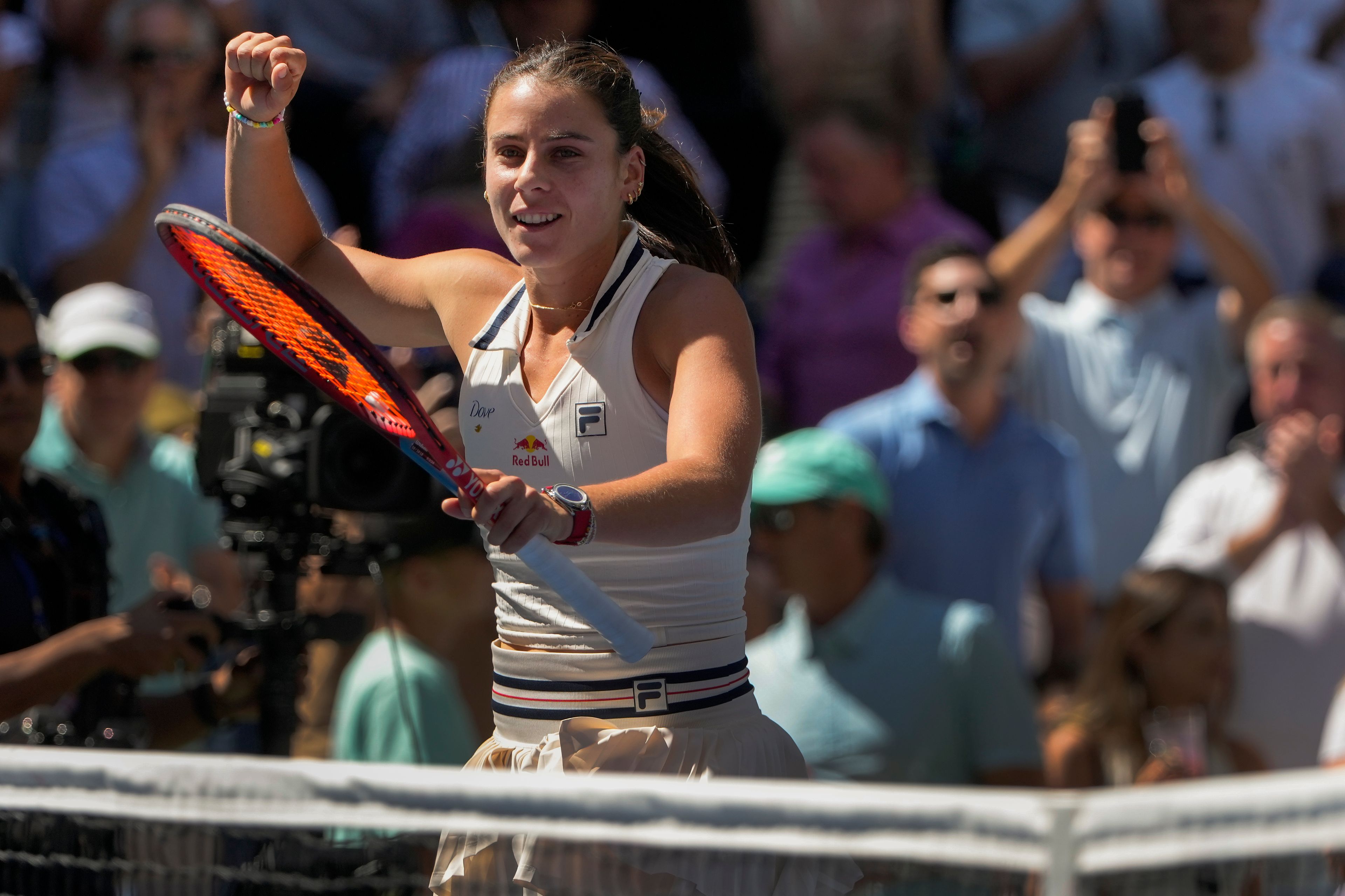 Emma Navarro, of the United States, reacts after defeating Paula Badosa, of Spain, during the quarterfinals of the U.S. Open tennis championships, Tuesday, Sept. 3, 2024, in New York.