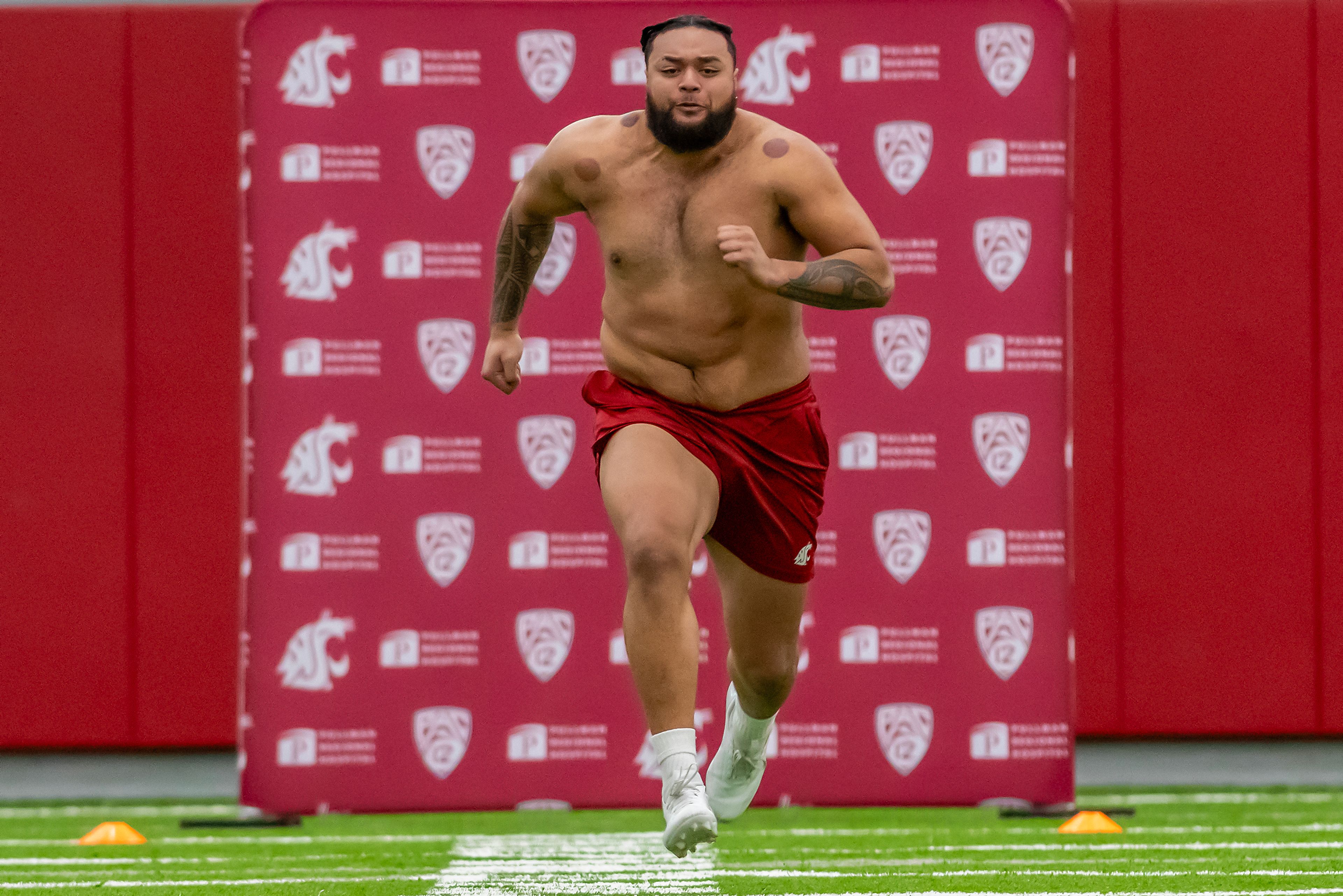 Washington State offensive lineman Esa Pole runs the 40-yard dash during WSU's Pro Day on Friday in Pullman.