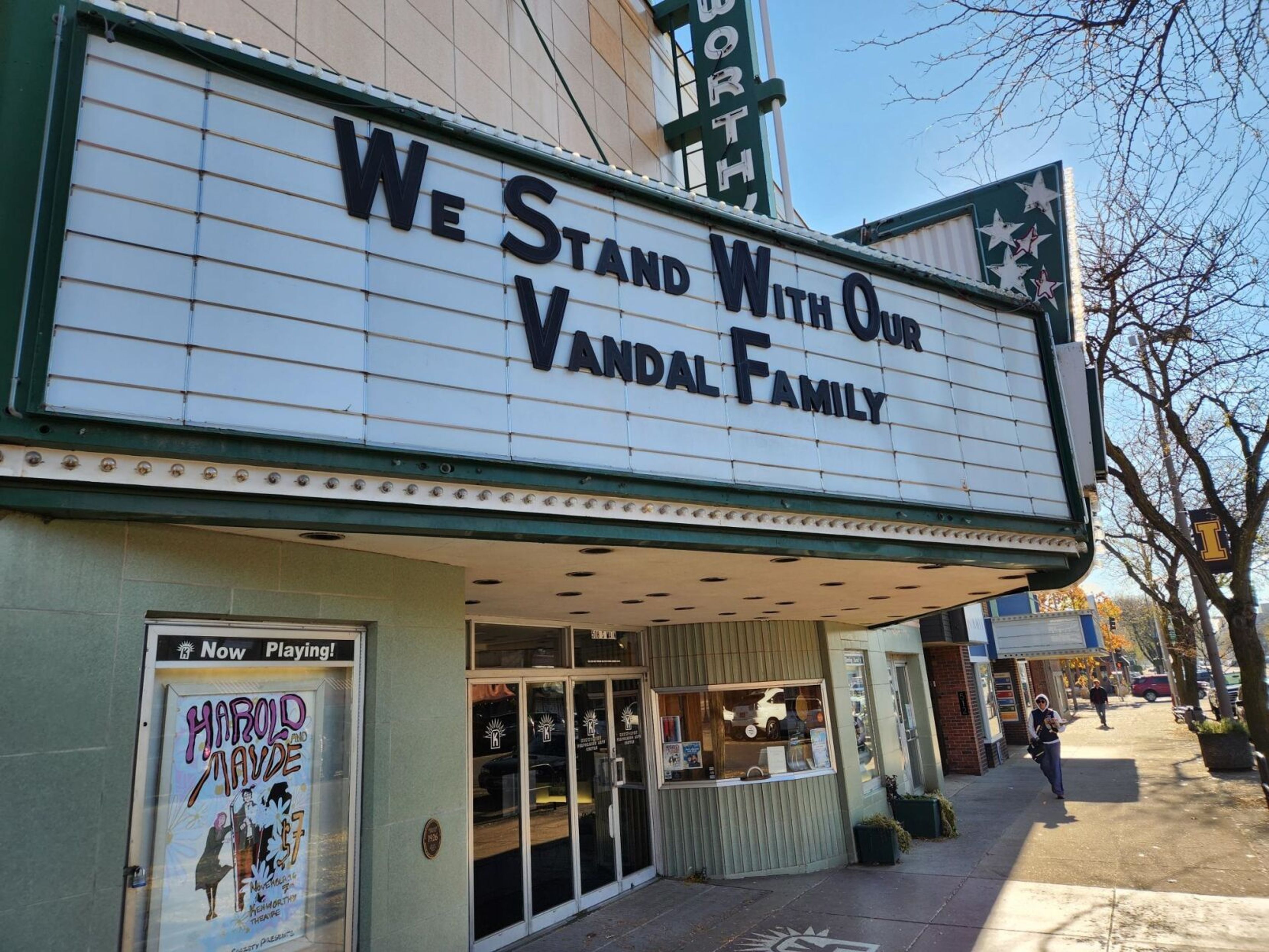 The marquee of the Kenworthy Performing Arts Centre is seen Tuesday morning in Moscow.