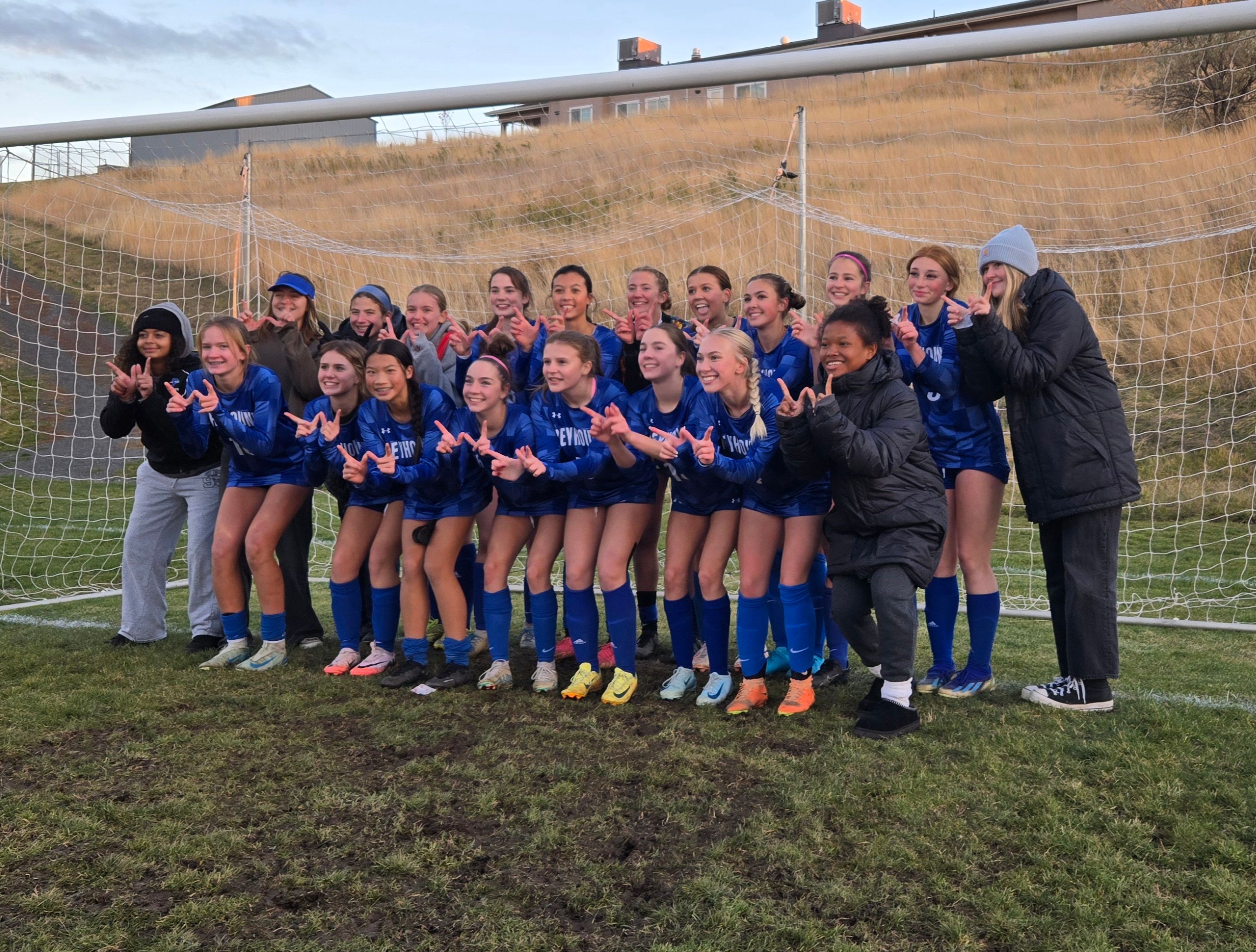 The Pullman girls soccer team poses after defeating Clarkston in a district tournament game Tuesday at Pullman High School.