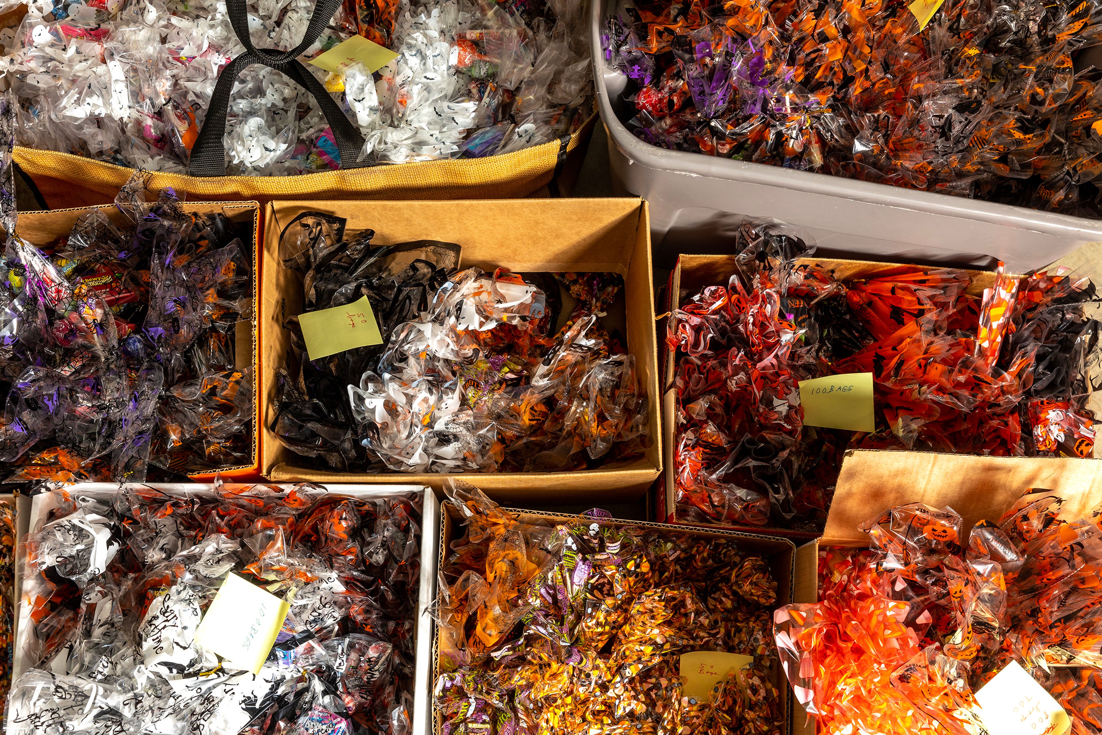 The Ripley’s 900 bags of candy fill eight boxes ready to be handed out to trick-or-treaters on Halloween at their home Thursday in Lewiston.