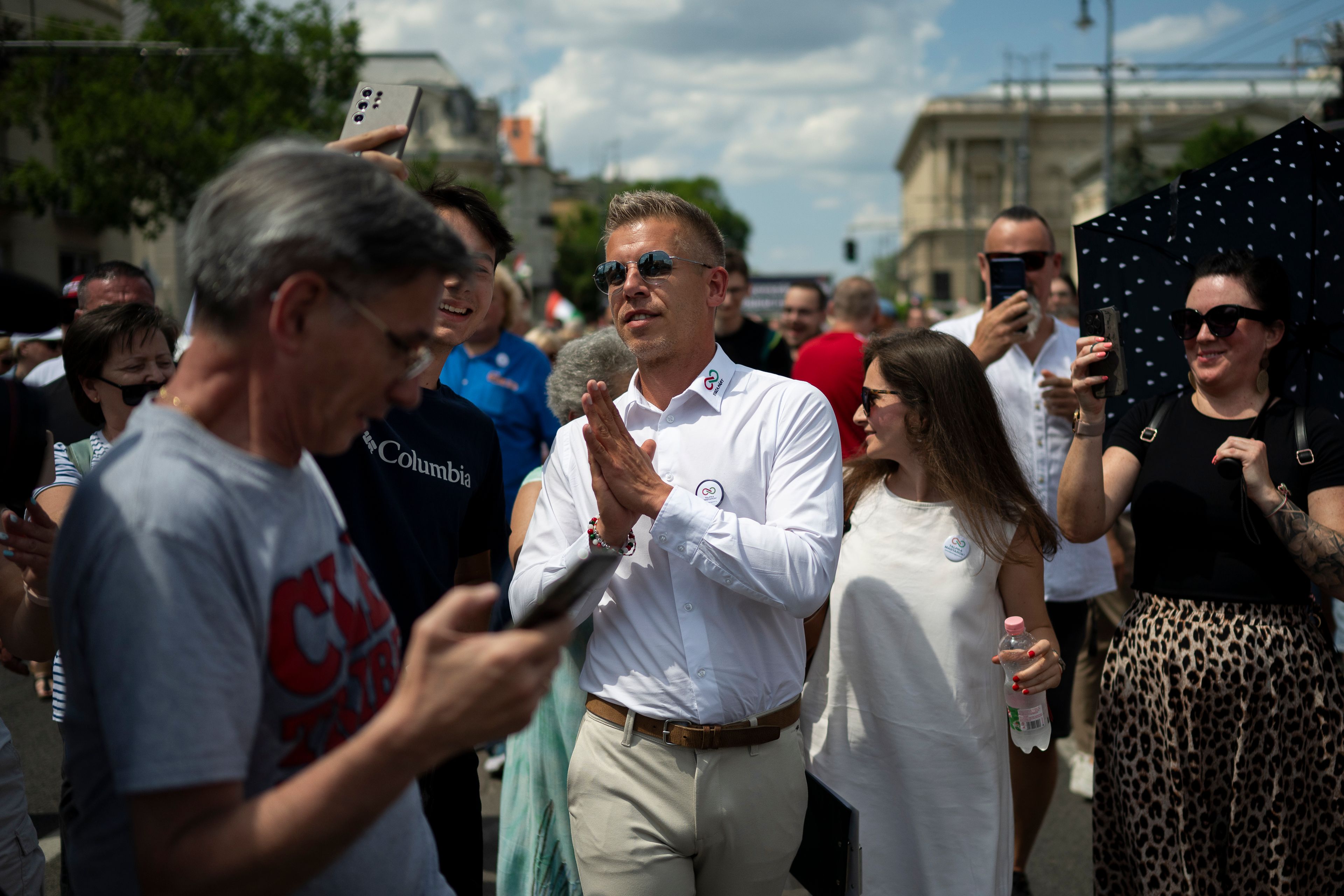 A challenger to Hungarian Prime Minister Viktor Orbán, Péter Magyar, arrives at a demonstration where he addresses supporters on the eve of European Parliament elections on Saturday, June 8, 2024.