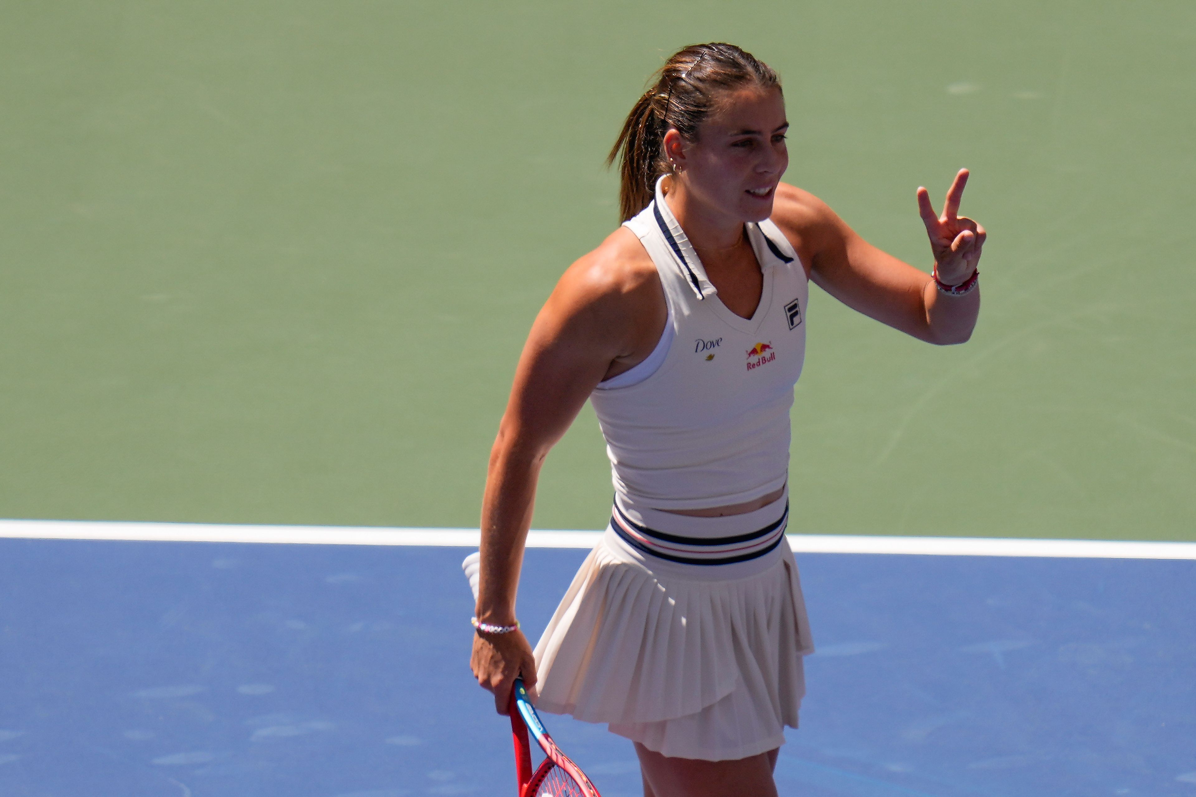 Emma Navarro, of the United States, reacts after defeating Paula Badosa, of Spain, during the quarterfinals of the U.S. Open tennis championships, Tuesday, Sept. 3, 2024, in New York.