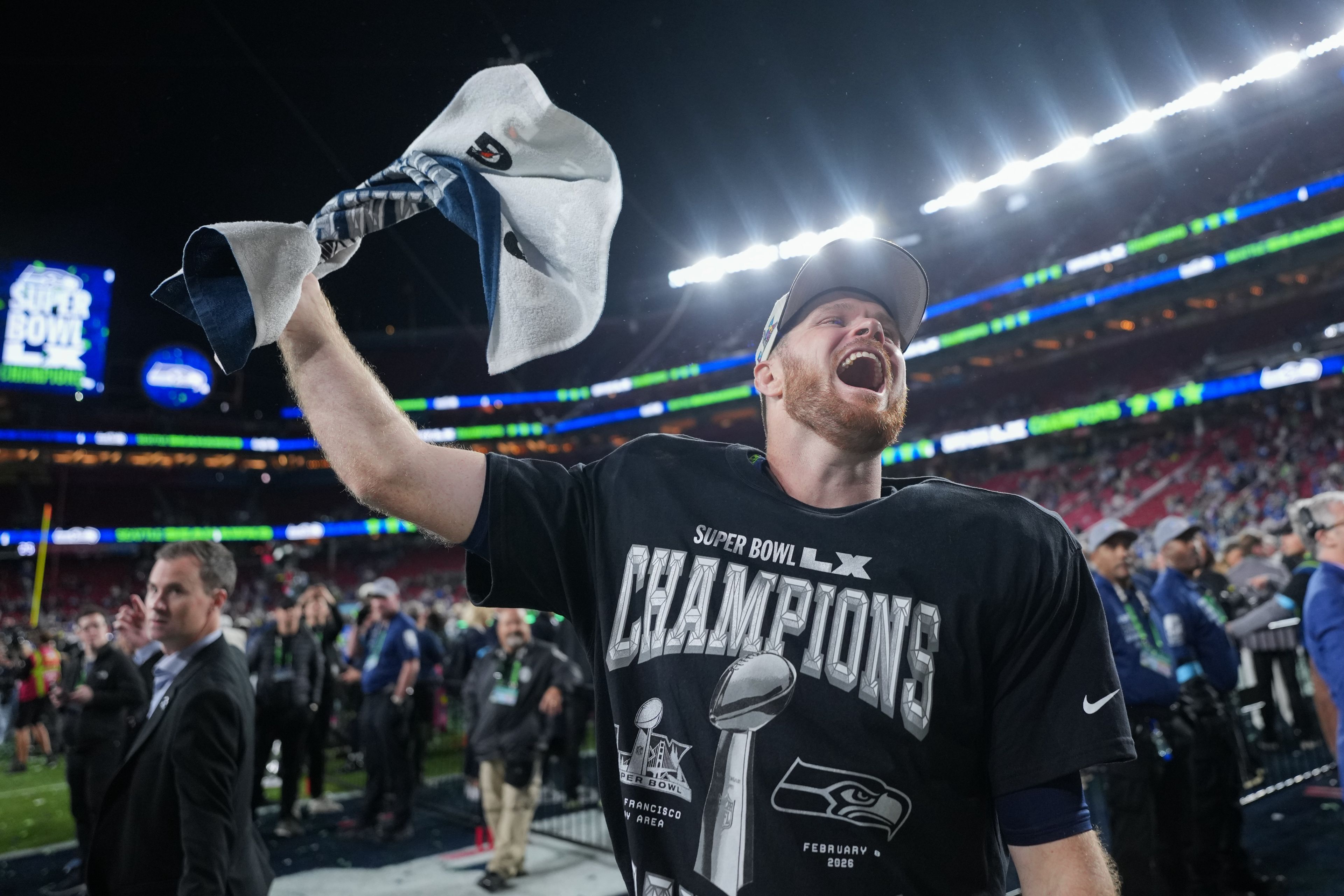 Seahawks quarterback Sam Darnold celebrates after a win over the Patriots in Super Bowl 60 Sunday in Santa Clara, Calif.