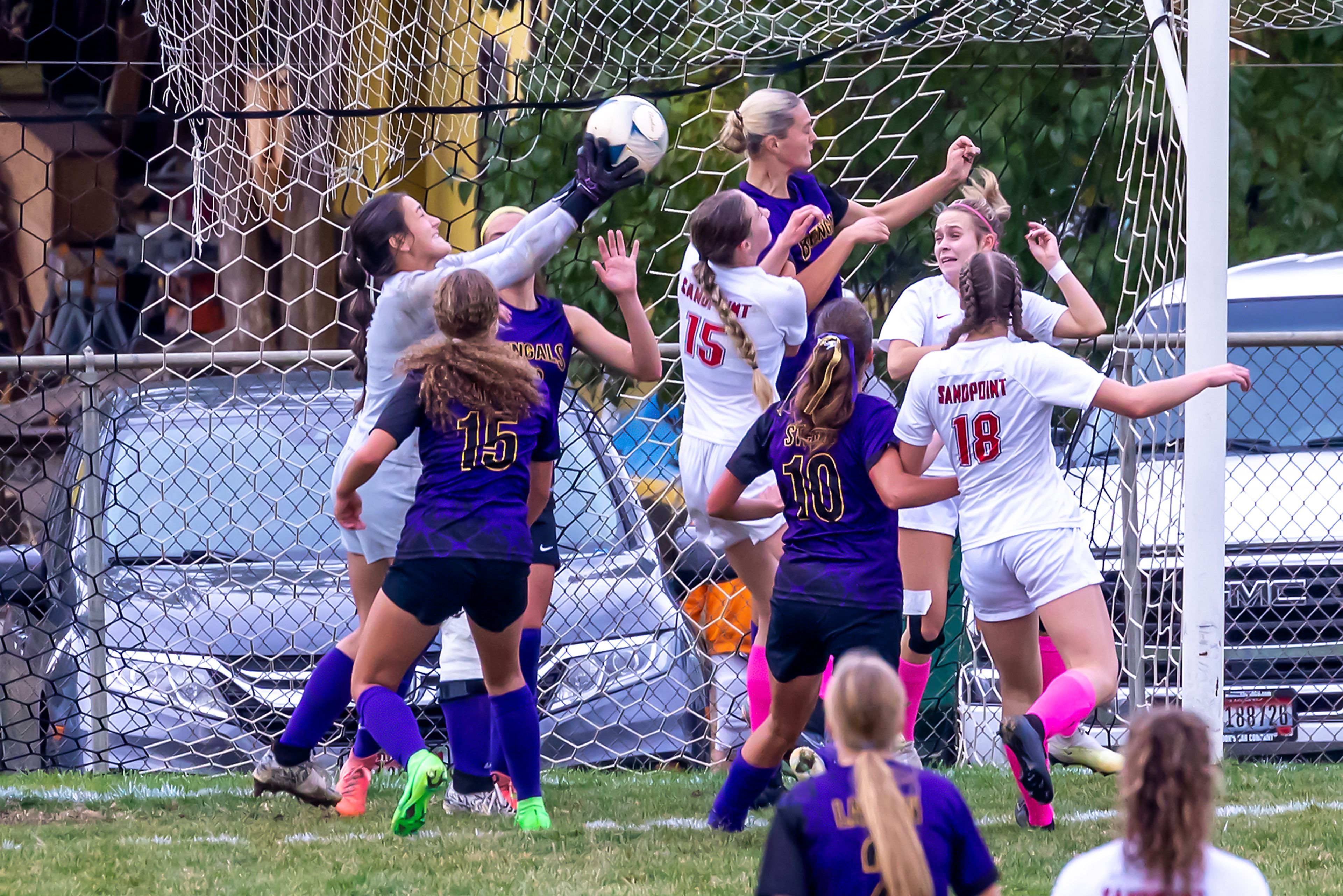 Lewiston goalkeeper Solana Inzunza blocks a goal against Sandpoint in the 5A Inland Empire League District Championship Wednesday at Walker Field in Lewiston.,