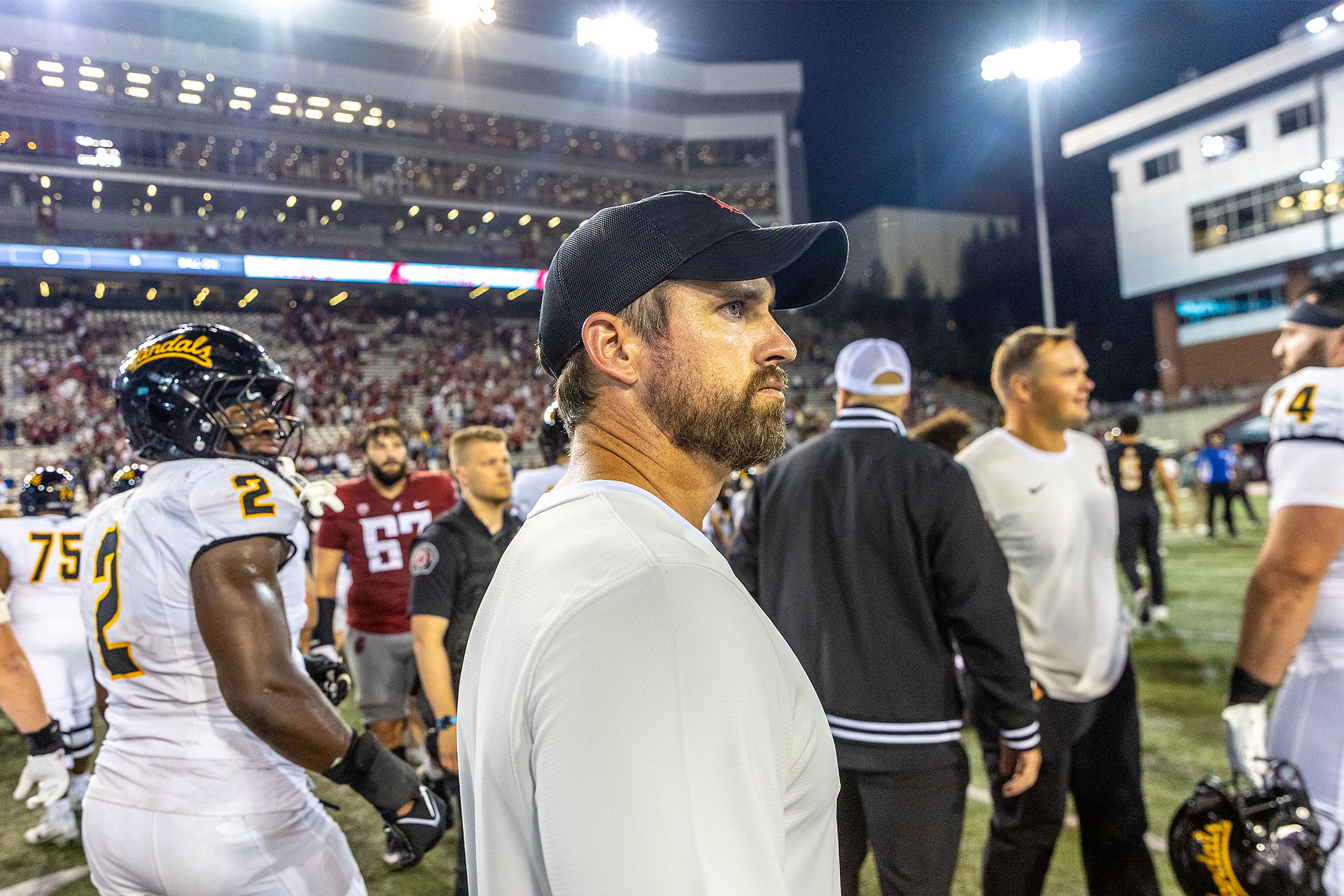 Washington State head coach Jimmy Rogers is pictured as the game ends against Idaho with Washington State winning 13-10 during the Battle of the Palouse football game Aug. 30 at Gesa Field in Pullman.