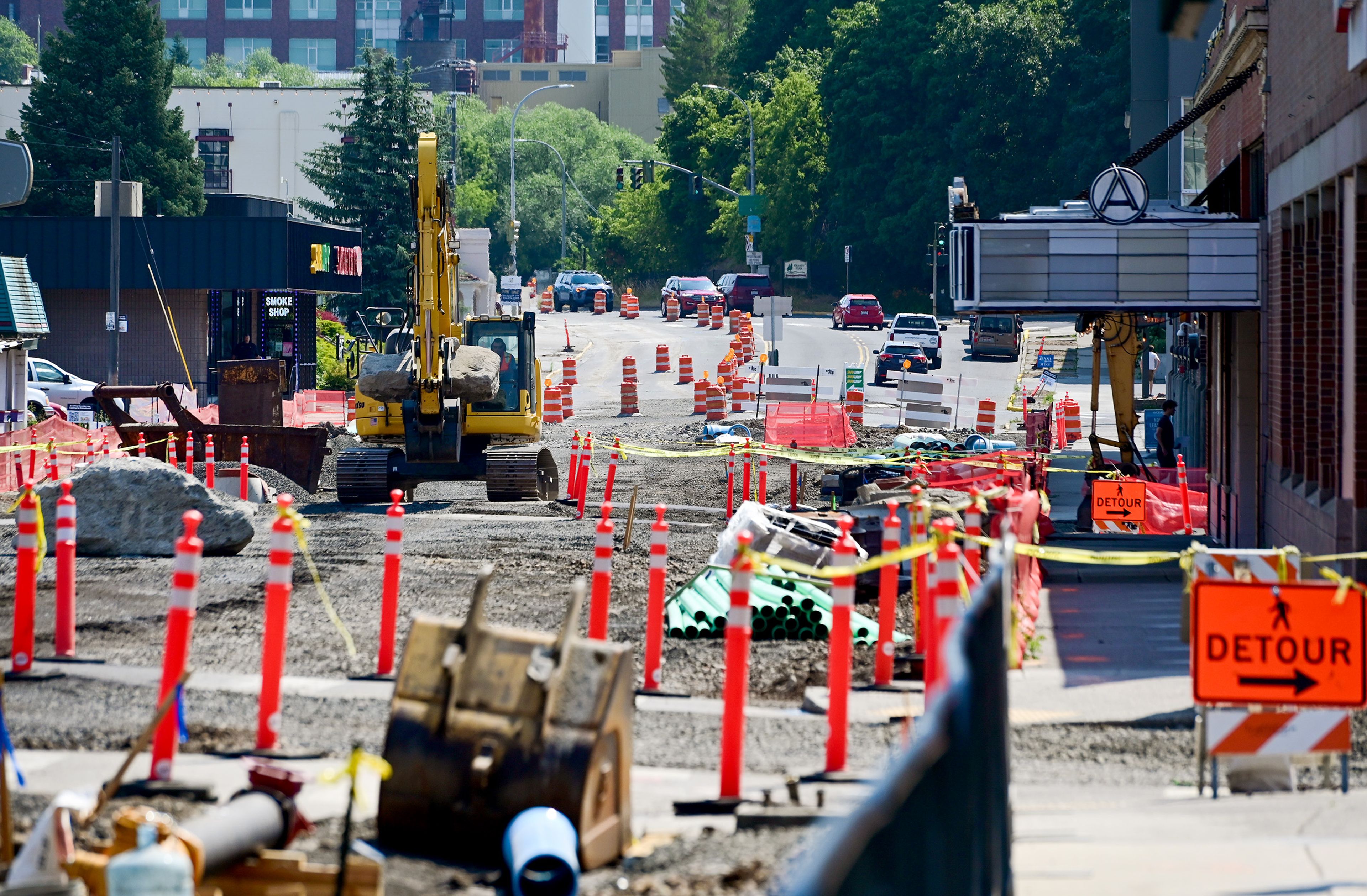 Construction equipment lays along Main Street on Wednesday in downtown Pullman as the project nears its estimated halfway point.